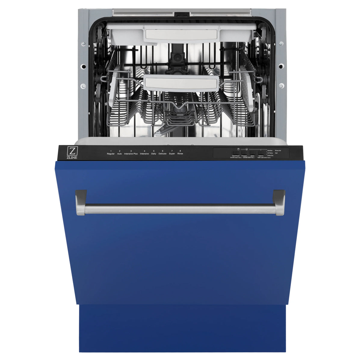 Dishwasher open, stainless interior tub and racks with wash system visible