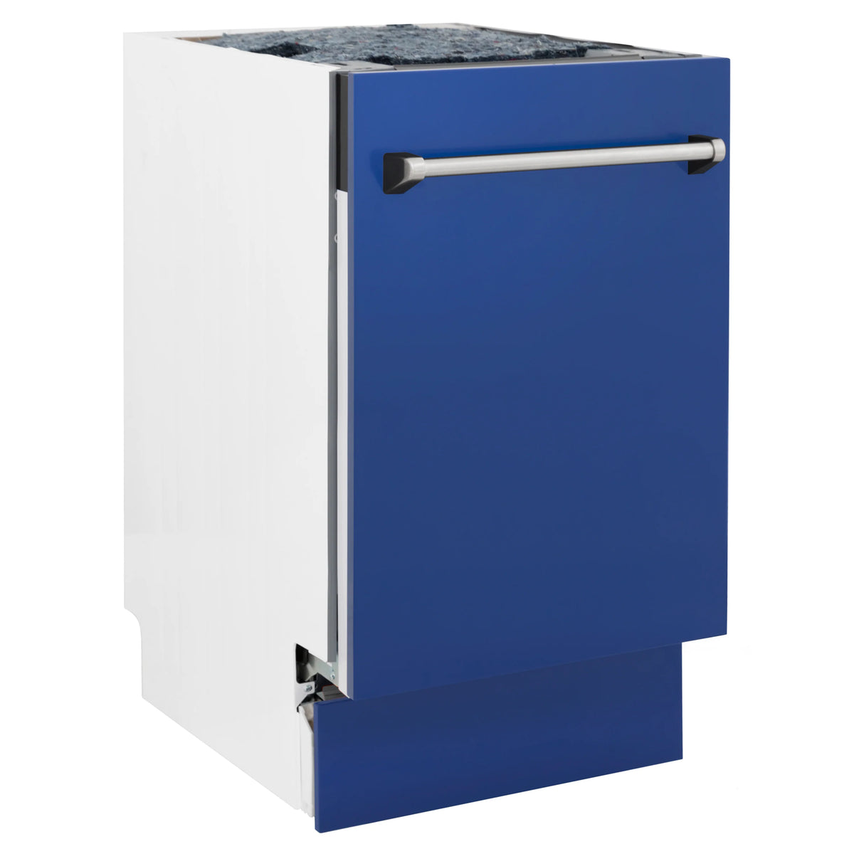 Blue dishwasher front with open door showing stainless tub and handle bar