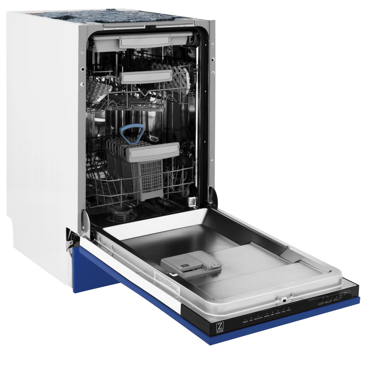 Dishwasher open with stainless lower rack area and blue door panel