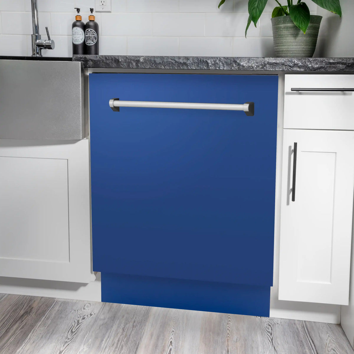 Blue matte dishwasher door with silver horizontal handle bar