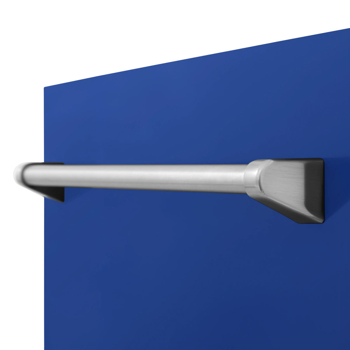 Close-up of silver handle on blue matte dishwasher front panel