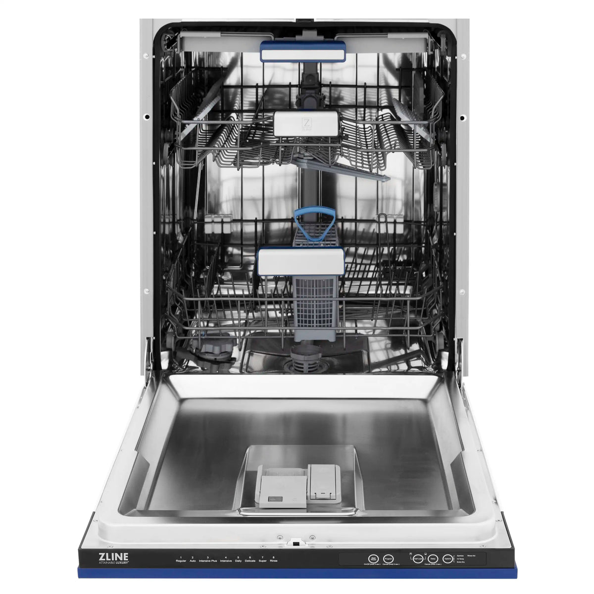 Dishwasher tub with open racks, center third rack, and spray system