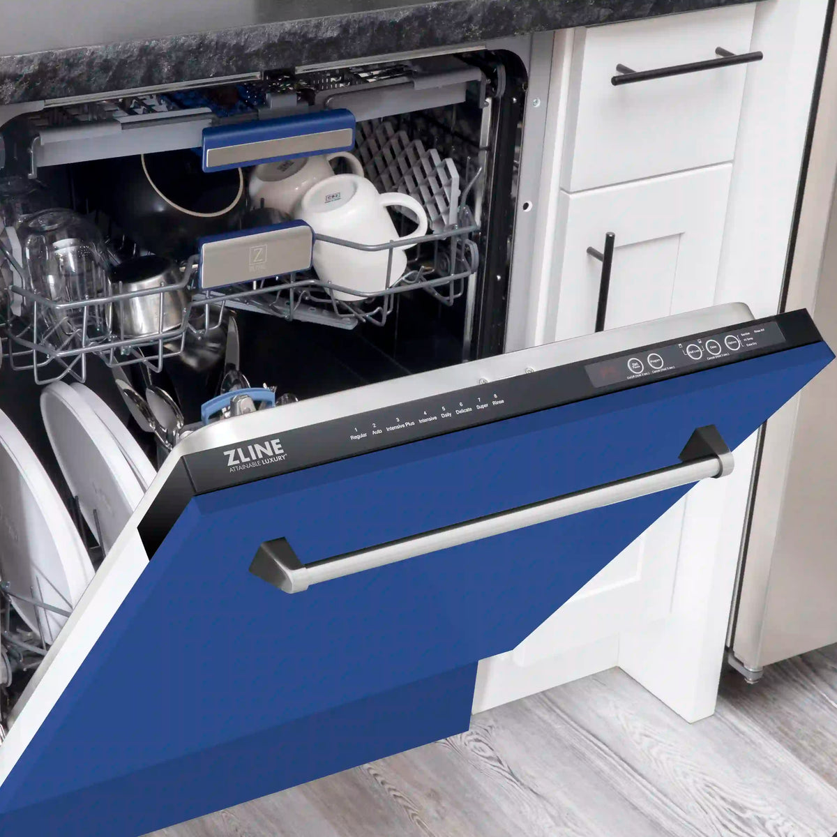 Blue front dishwasher door with open interior racks and control panel