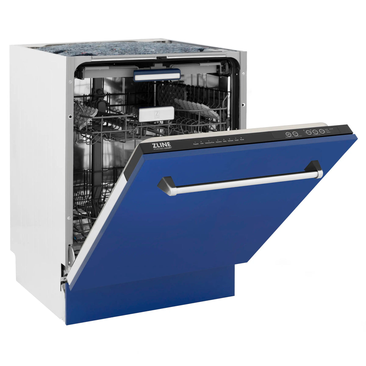 Blue matte 24-inch dishwasher with stainless tub, front door open and racks inside