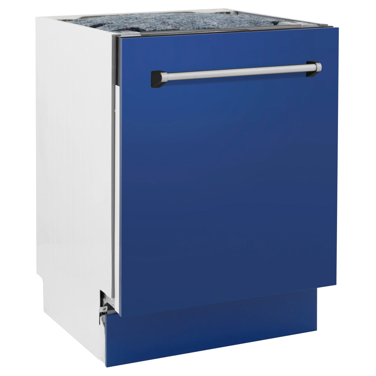 Blue matte tall dishwasher door with metal handle bar; stainless side frame visible