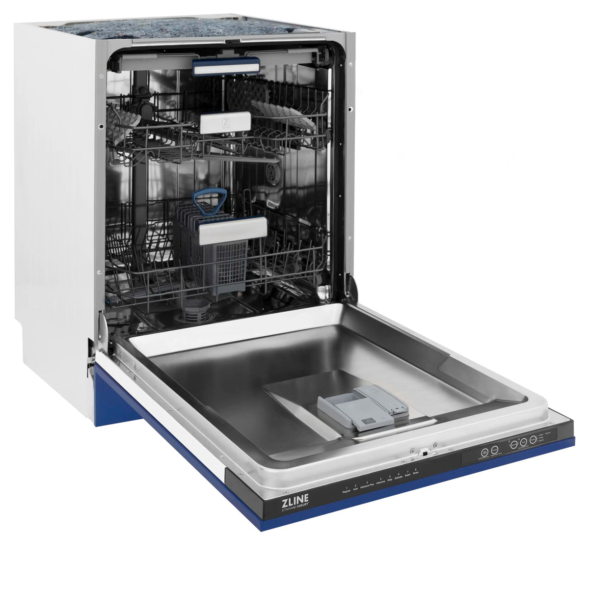 Blue matte dishwasher with stainless interior tub, lower rack and spray parts visible