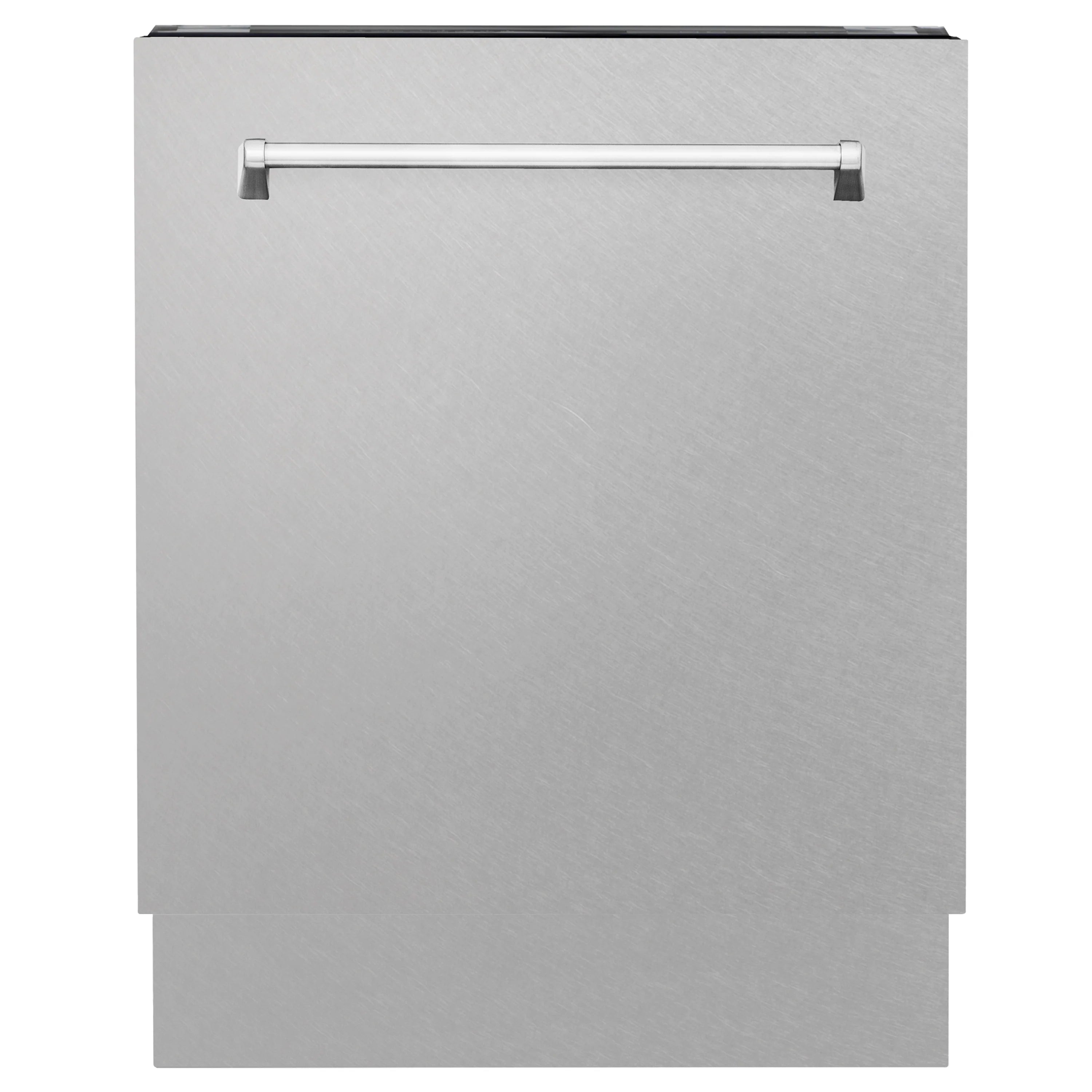 Tall tub dishwasher front view with satin stainless steel finish and horizontal handle