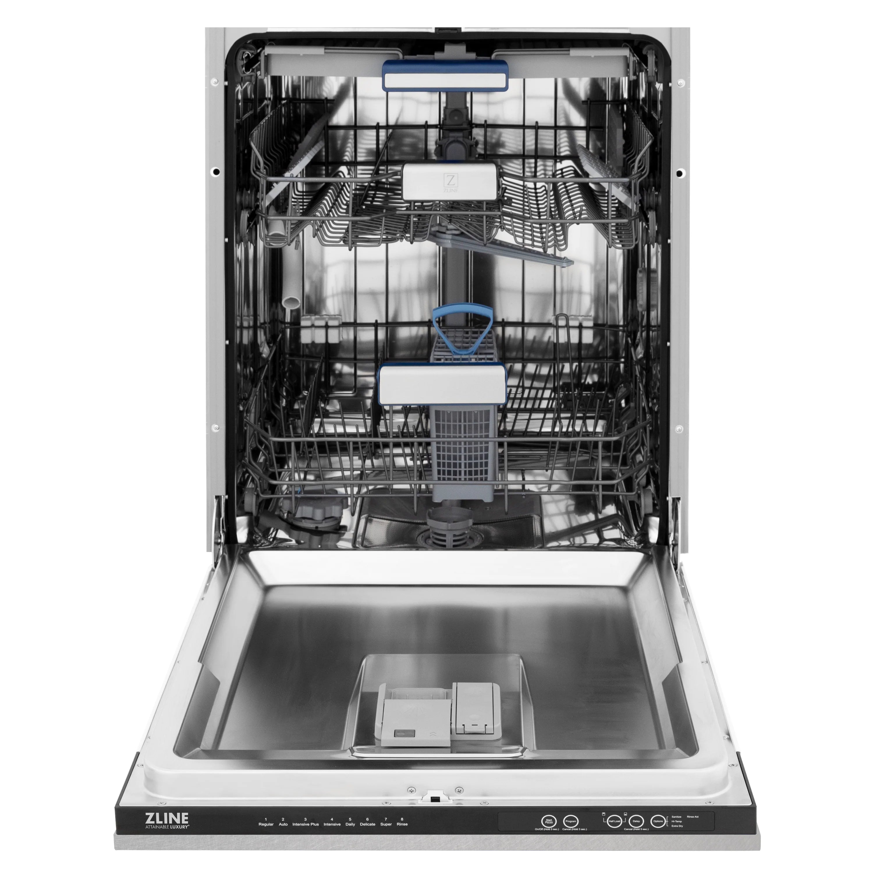 Dishwasher tub open showing upper and lower racks, satin stainless steel interior