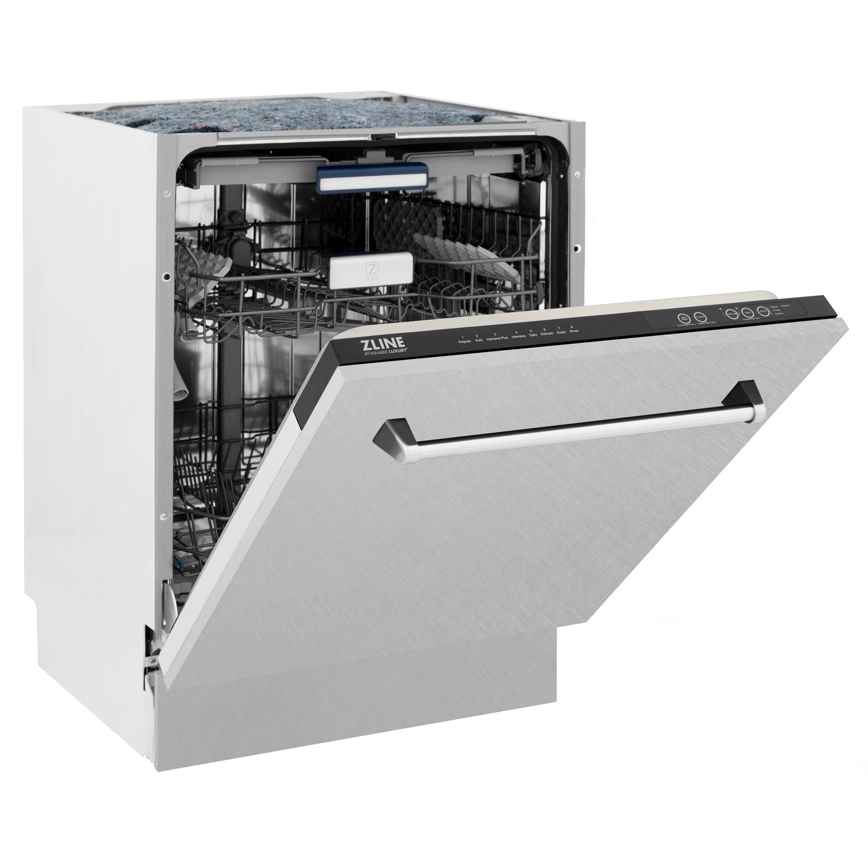 Dishwasher open at an angle with visible racks and satin stainless steel control panel