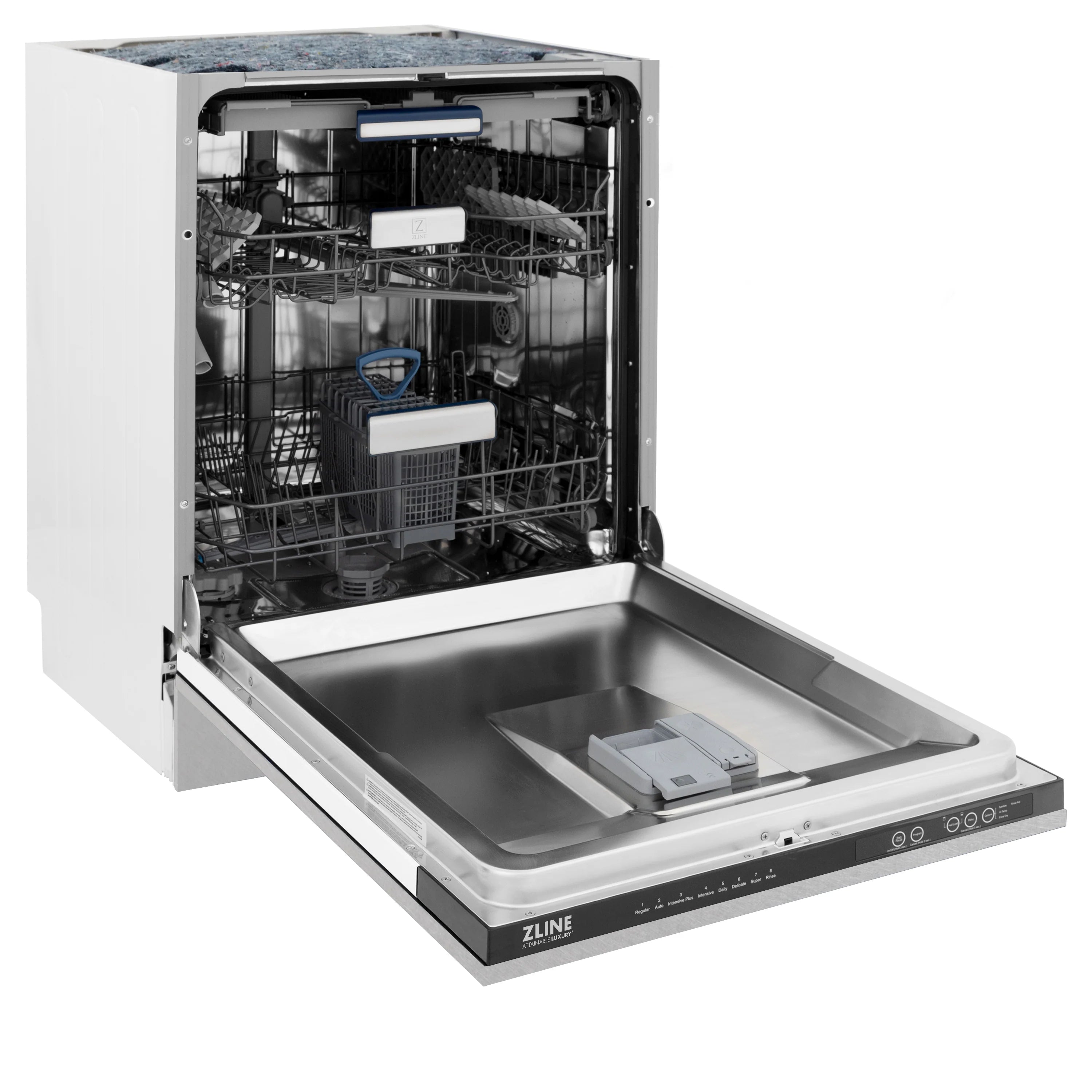 Tall tub dishwasher open, stainless steel tub and racks visible with top controls