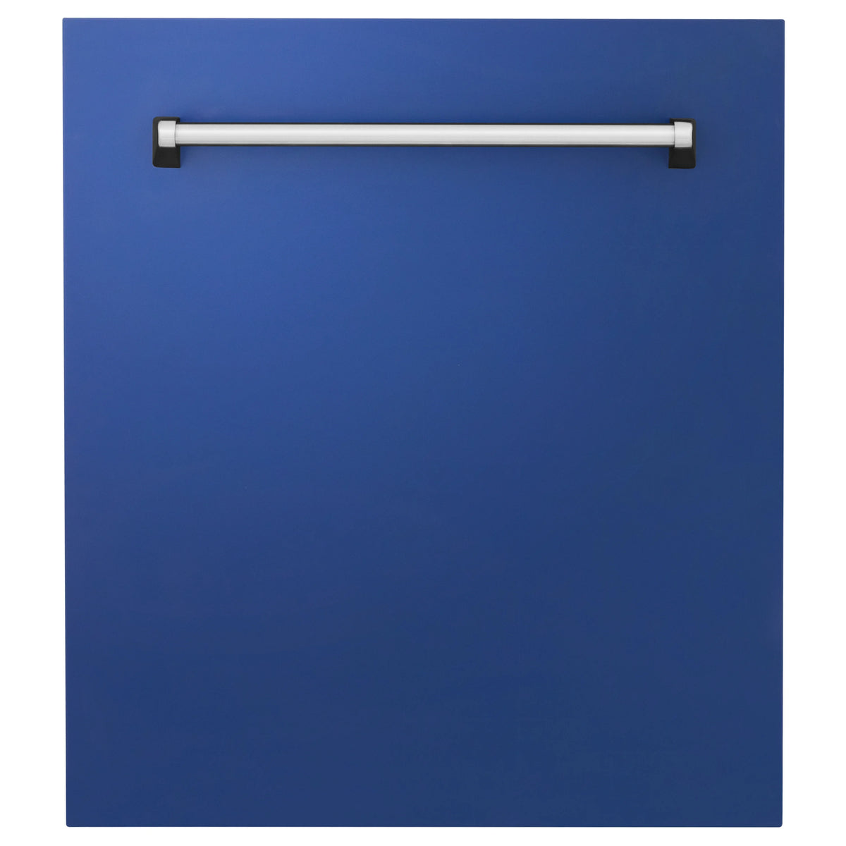 Blue matte dishwasher door panel with stainless handle bar, centered on the front