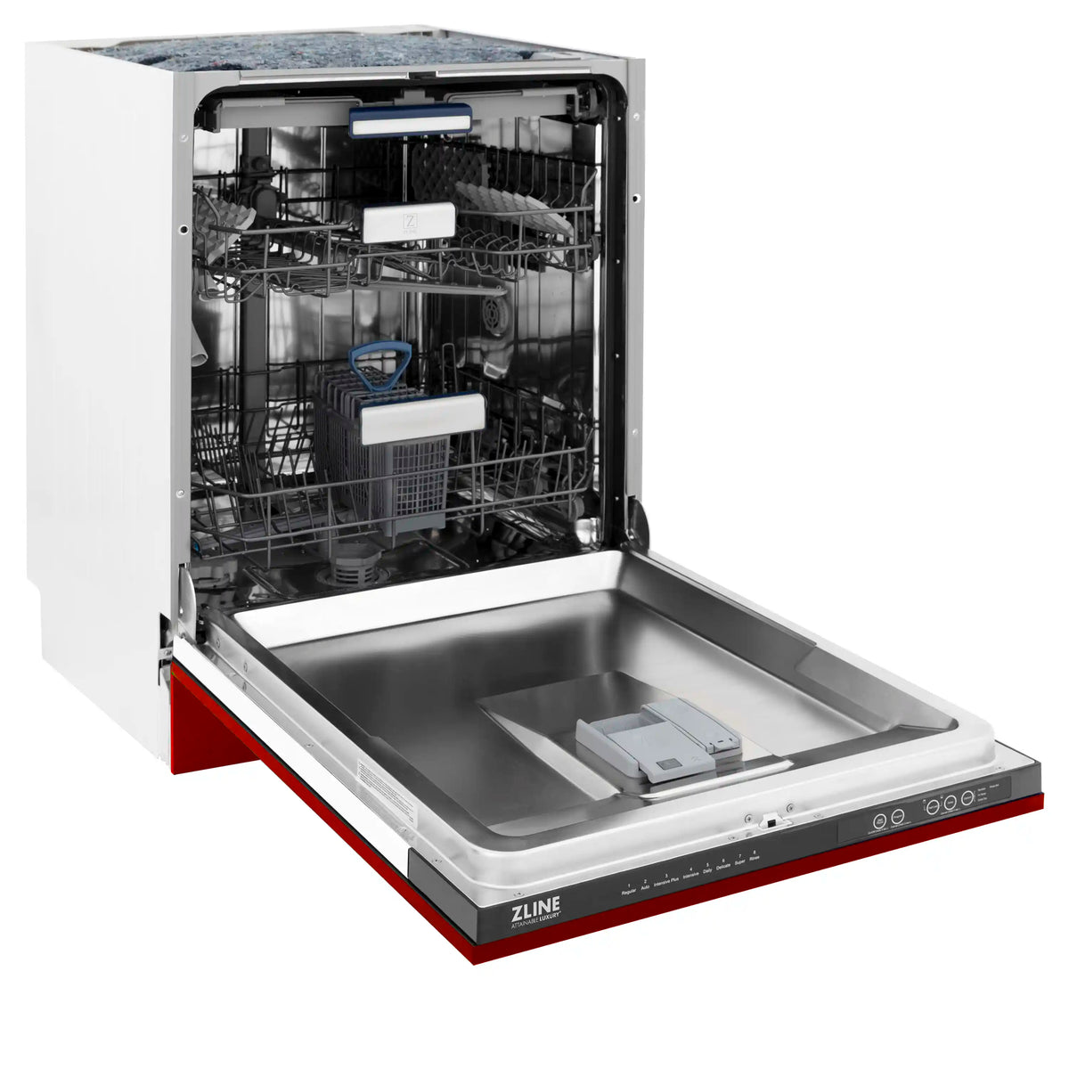 Door-open dishwasher showing stainless steel tub and interior racks