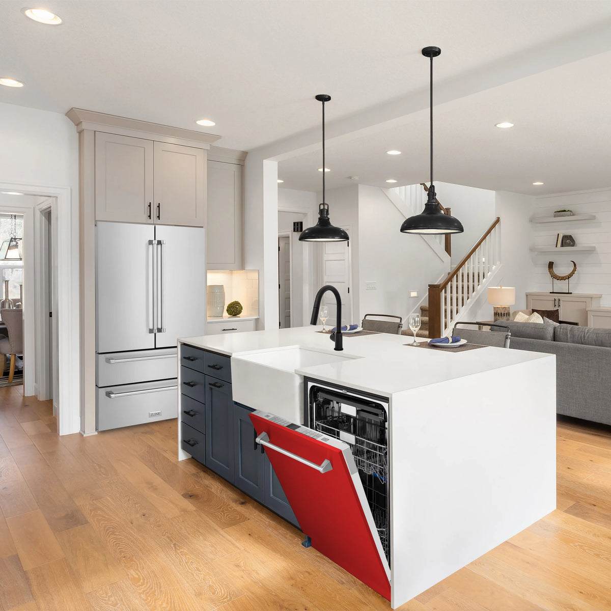 ZLINE red matte dishwasher with open door and stainless steel tub
