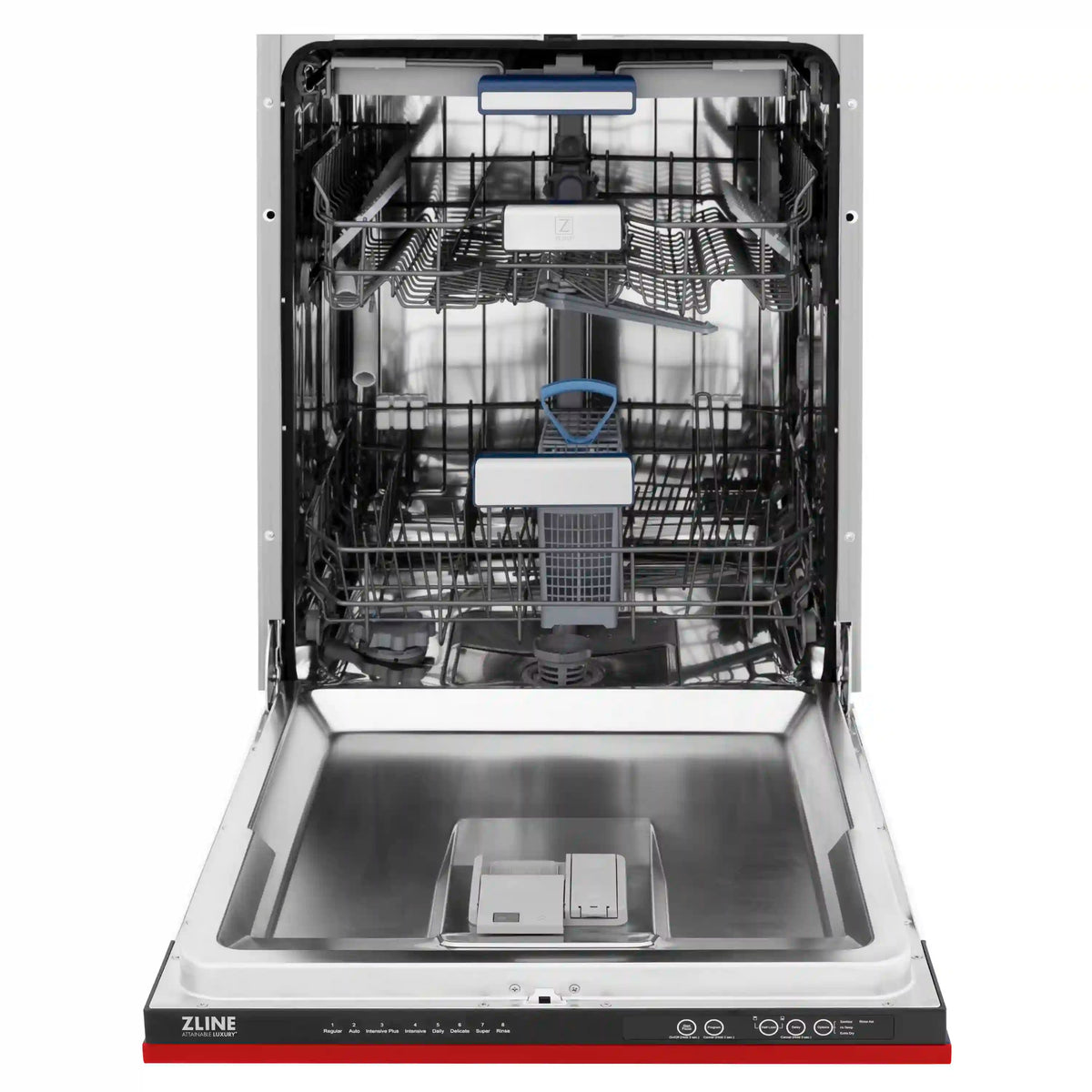 Open red matte ZLINE dishwasher with stainless wash tub and stacked racks