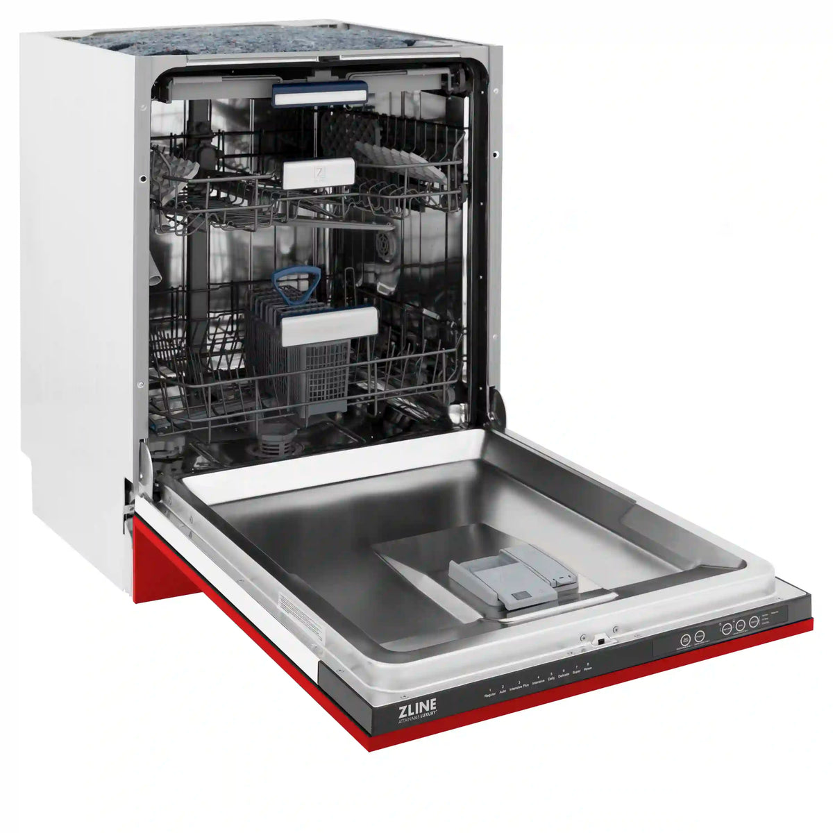 Open red matte dishwasher with stainless tub and 3rd-rack placement area