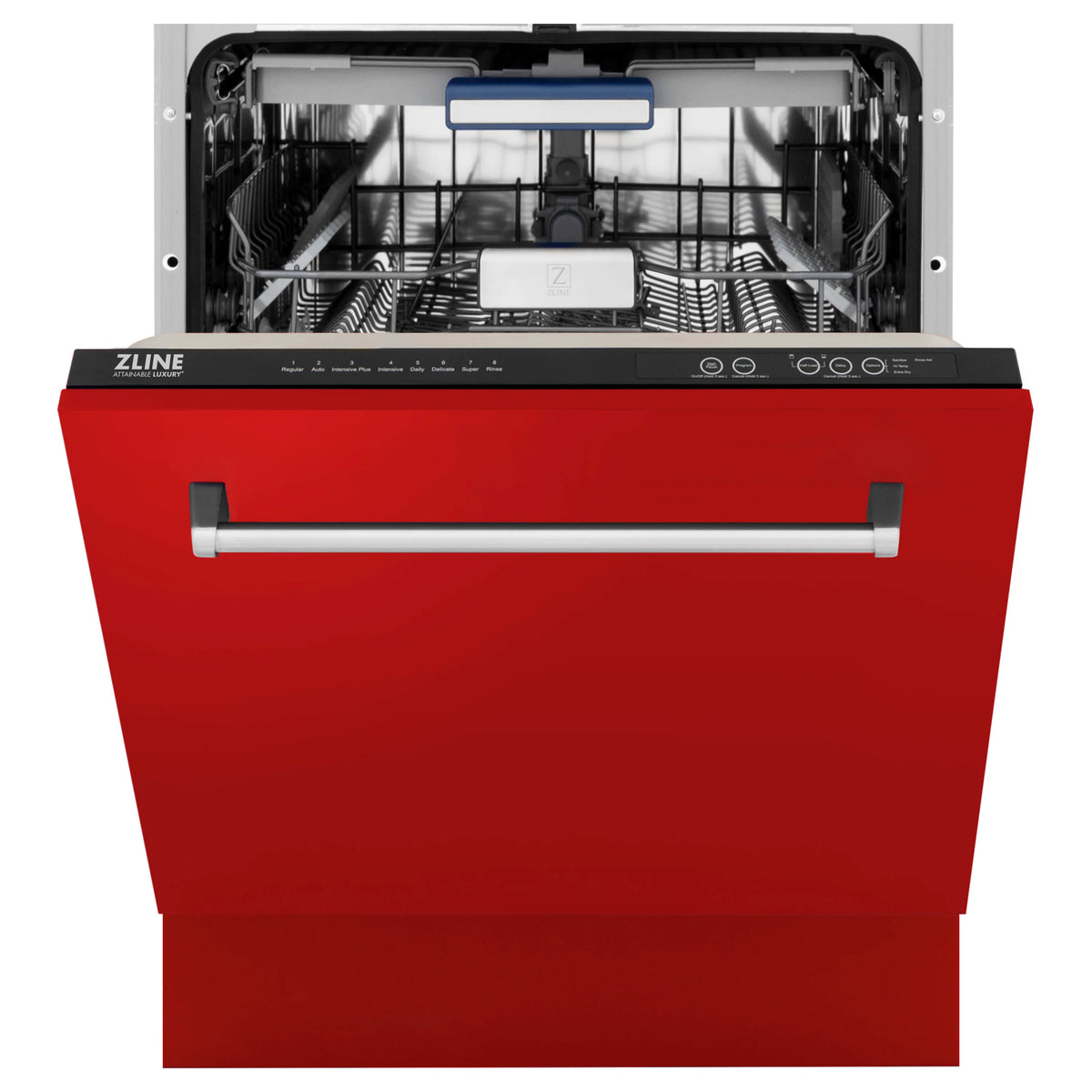 Red matte ZLINE dishwasher front with open door and wire racks
