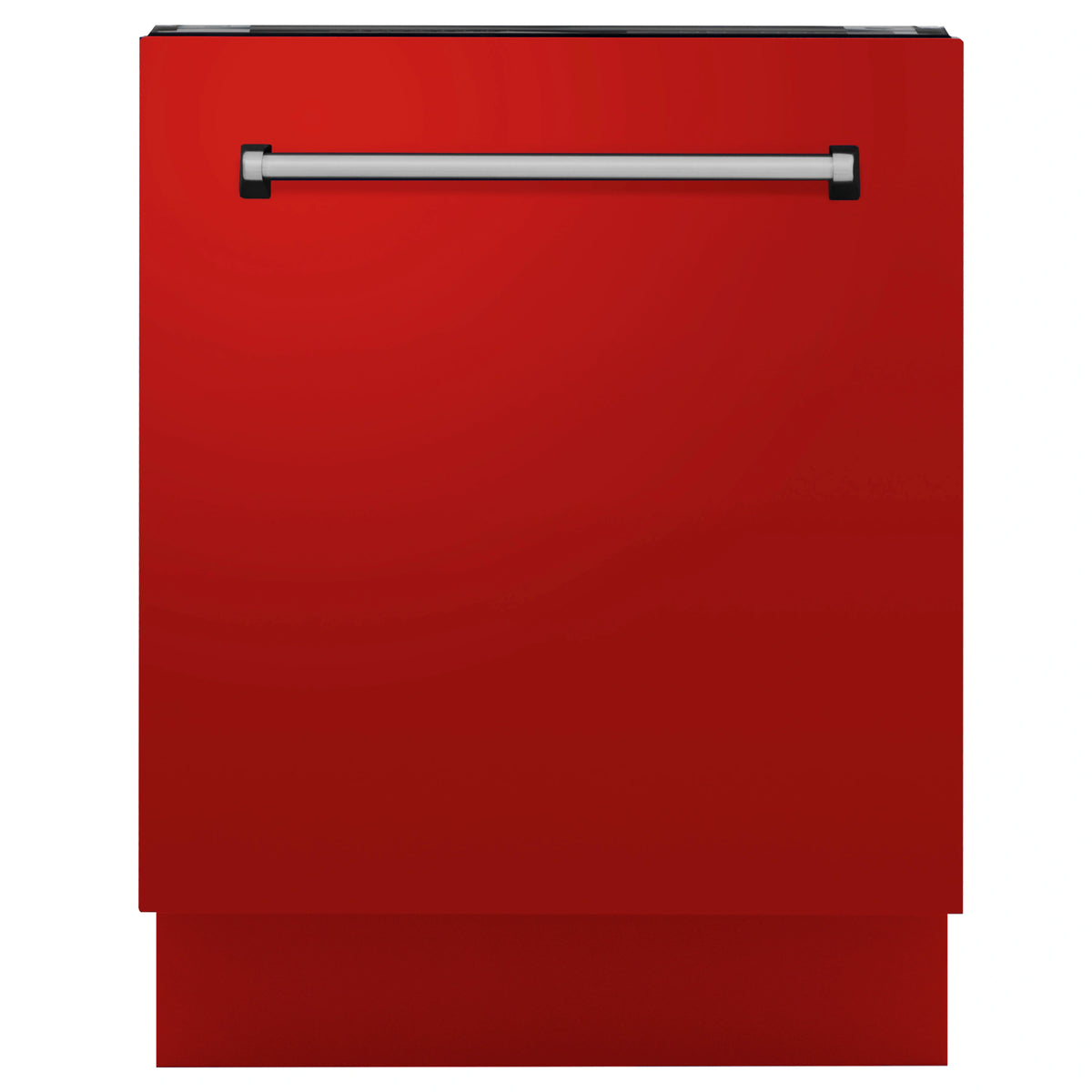 Red matte dishwasher door with chrome handle bar