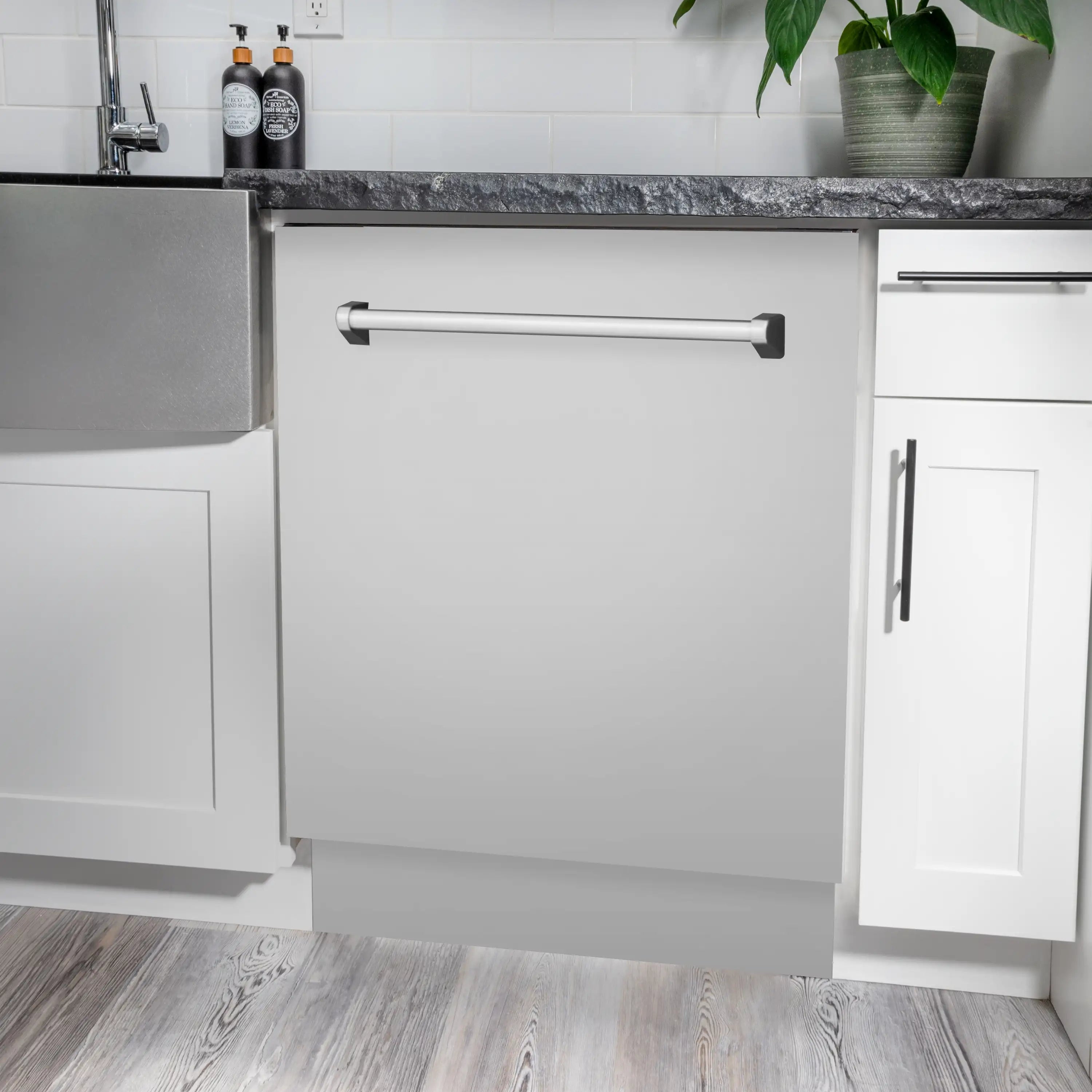 Built-in dishwasher front in white with stainless handle and control area