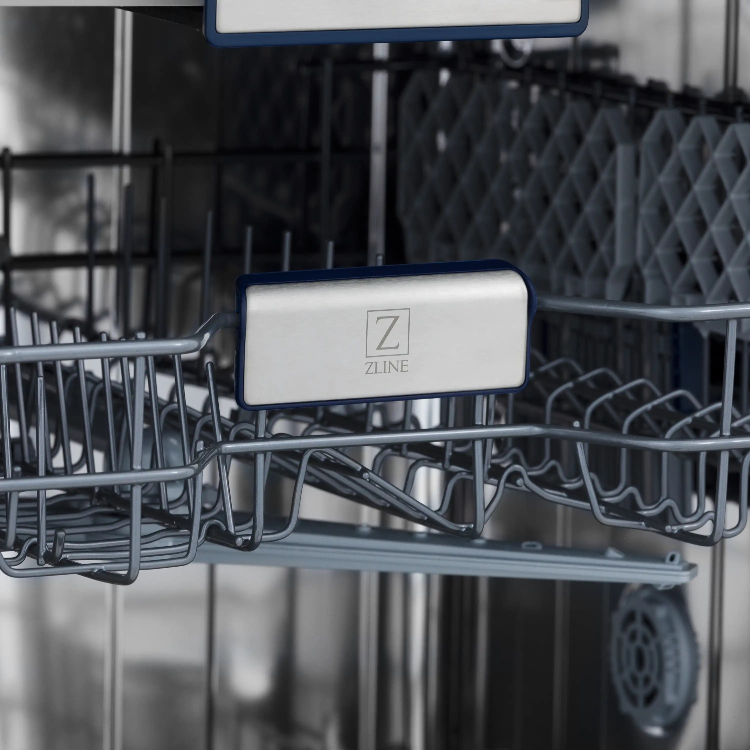 Dishwasher rack front label with ZLINE logo on wire shelf
