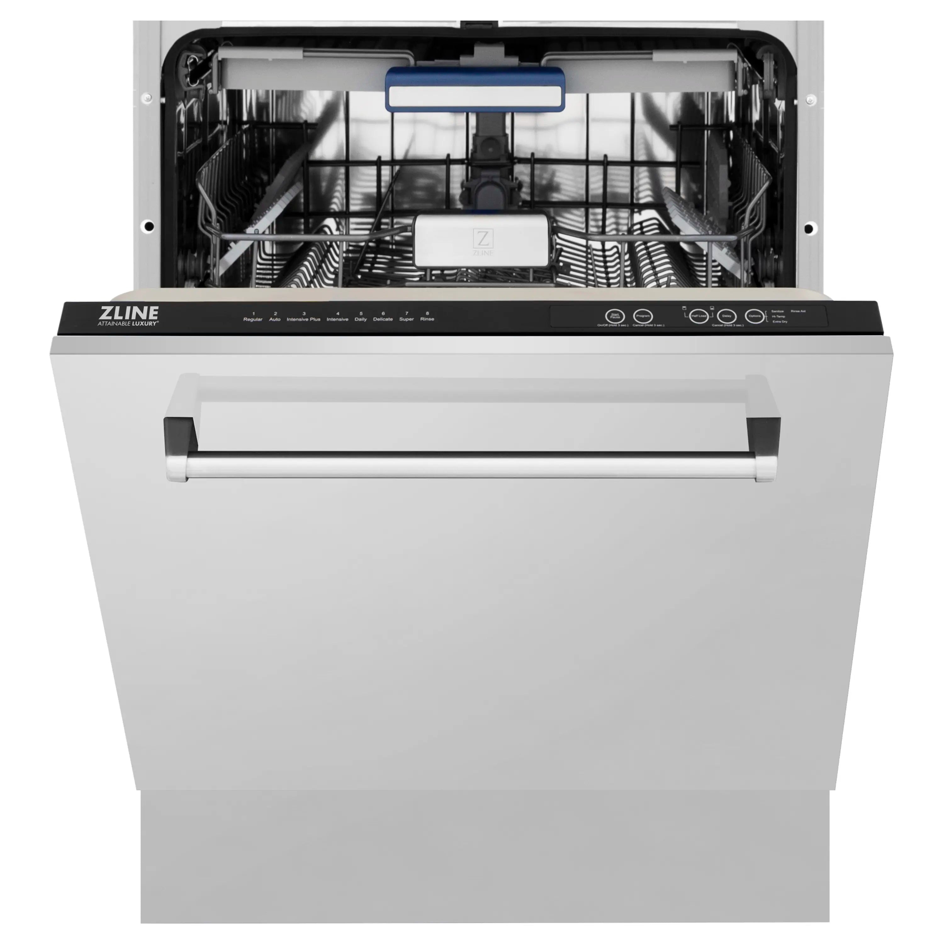 ZLINE stainless steel dishwasher, door open with interior racks