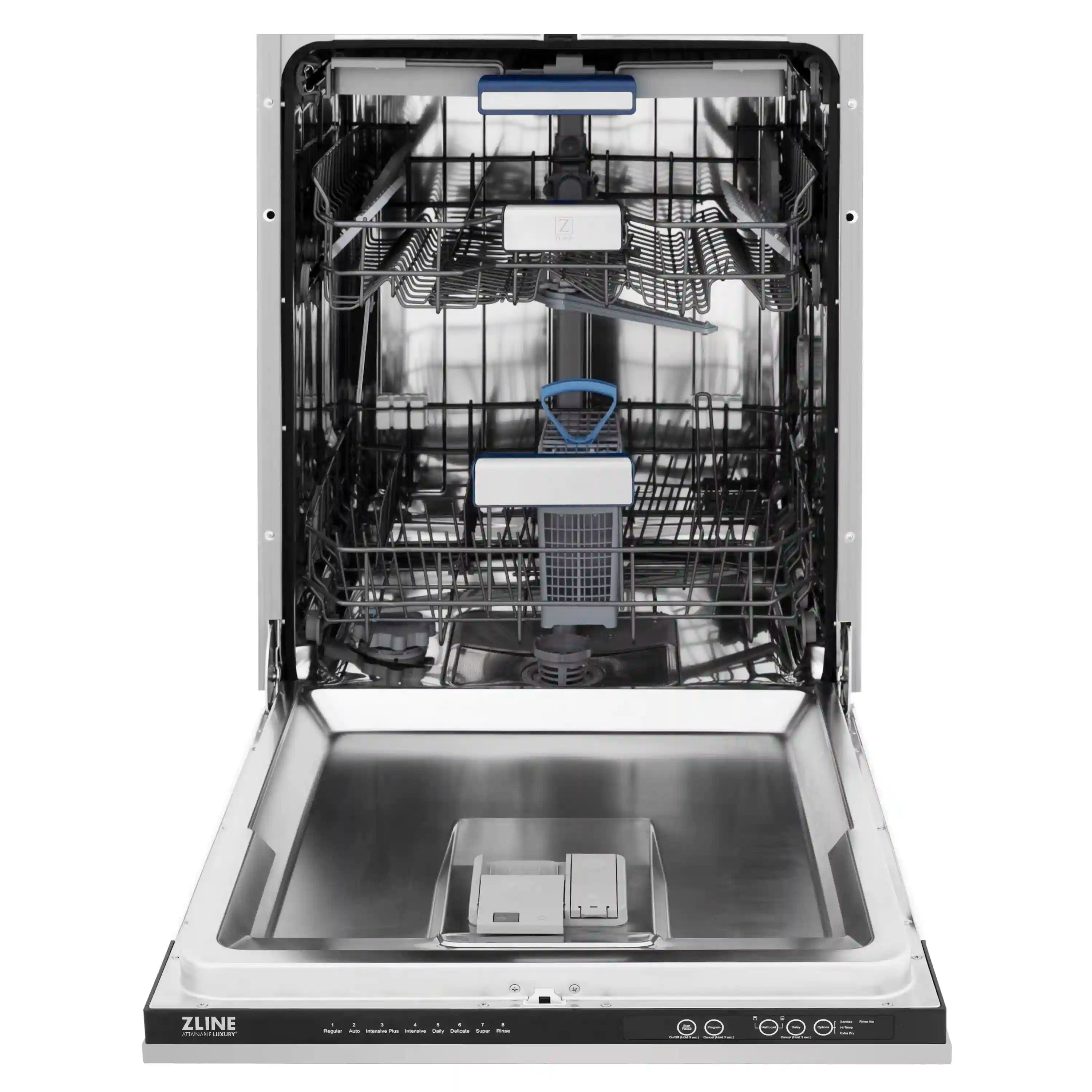 ZLINE stainless steel dishwasher interior with multiple racks and spray arms
