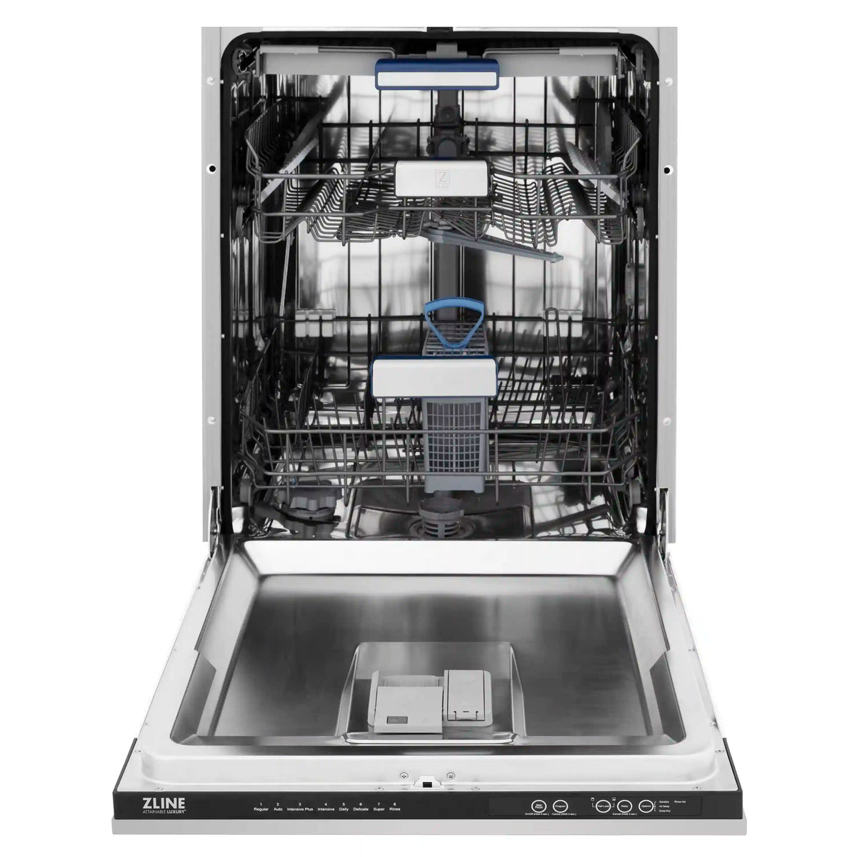 ZLINE dishwasher interior with racks and sprayer, door open