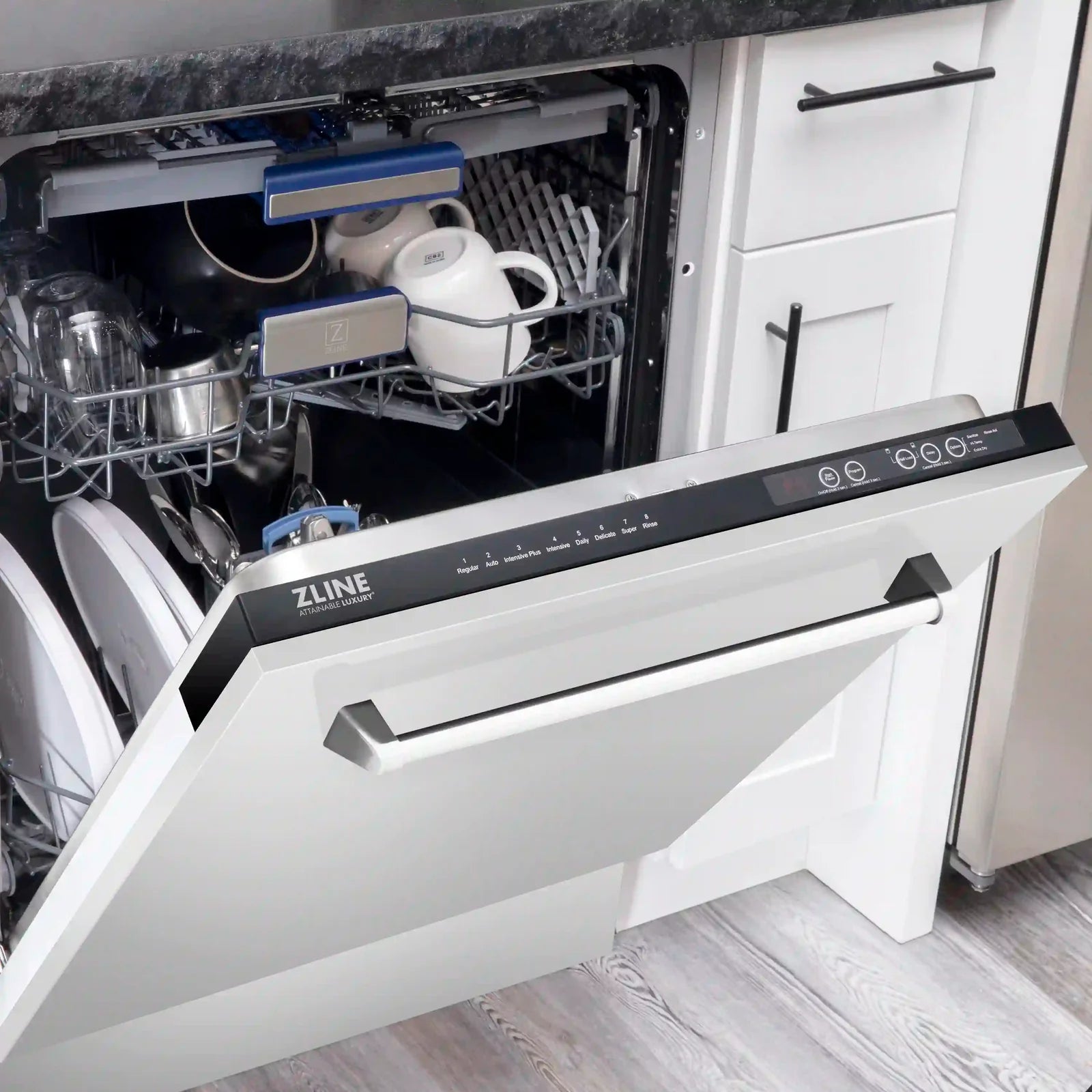 Dishwasher with door open, showing racks, spray components, and control panel