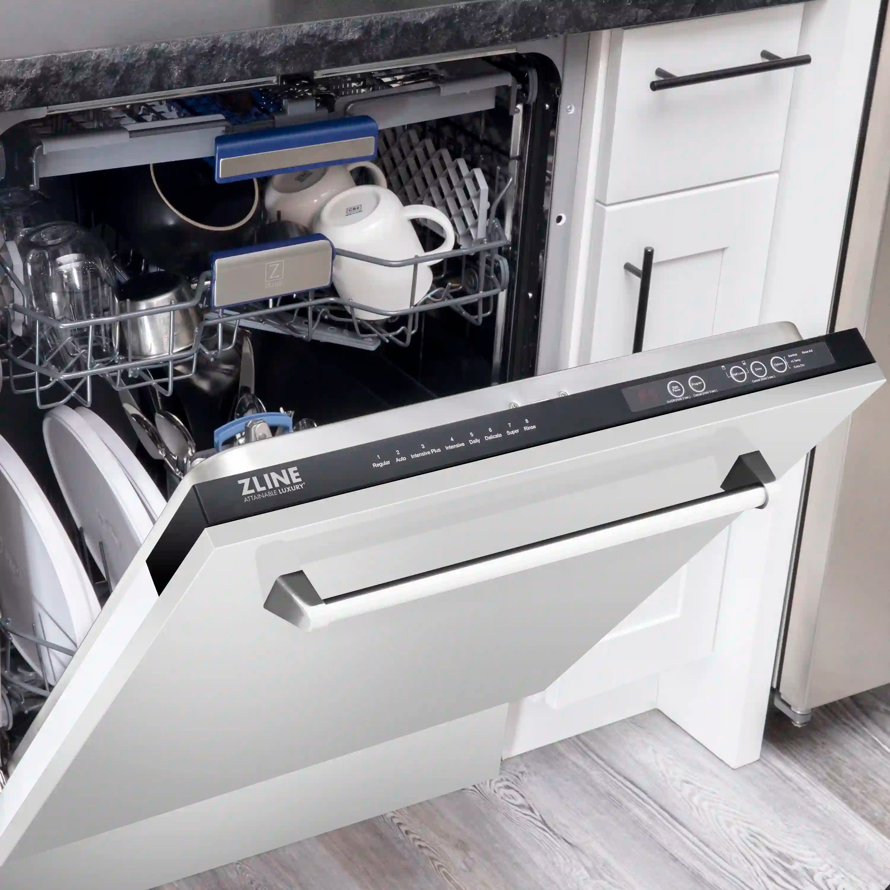 Stainless steel dishwasher with open door showing interior racks and control panel