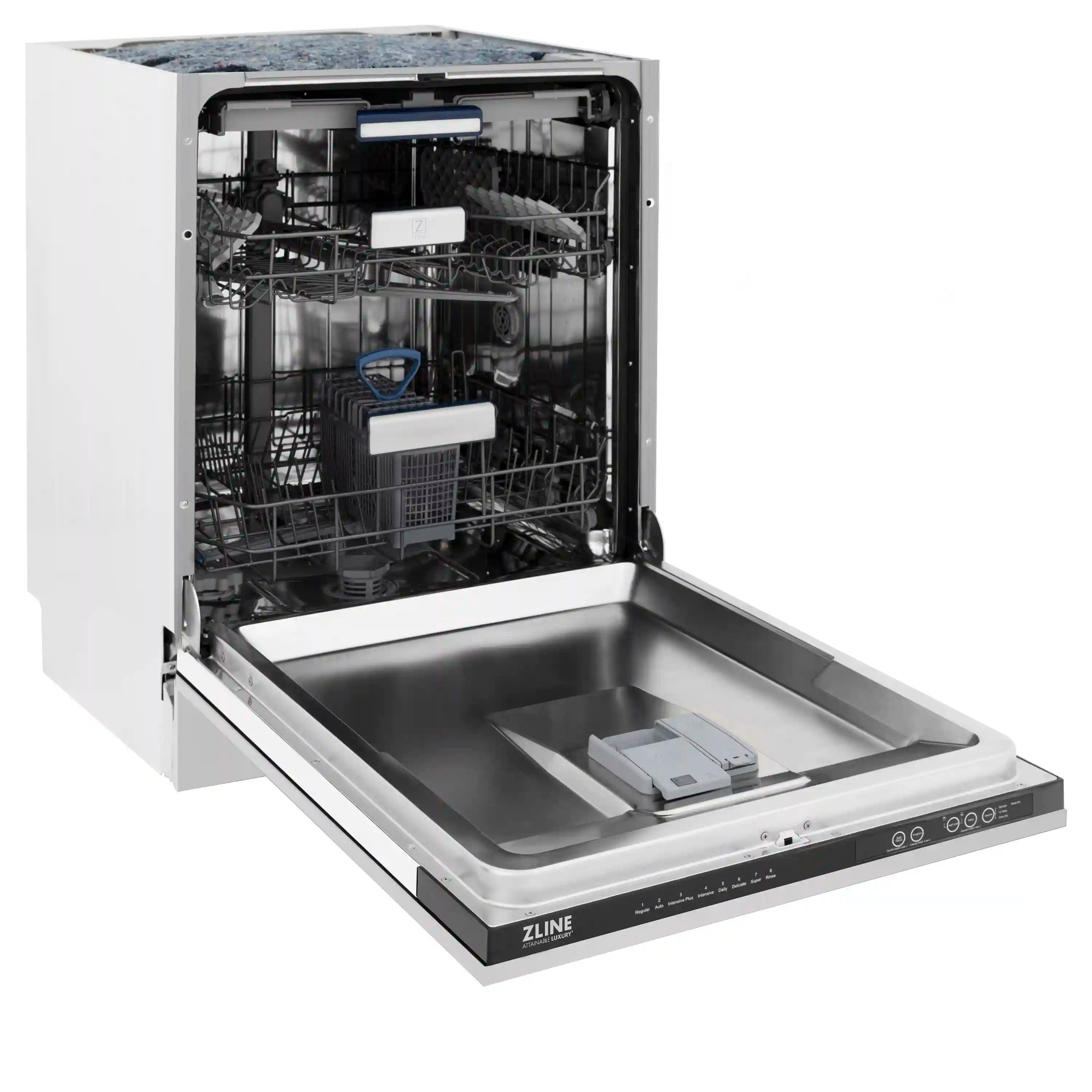 Stainless steel dishwasher door open with racks and wash chamber
