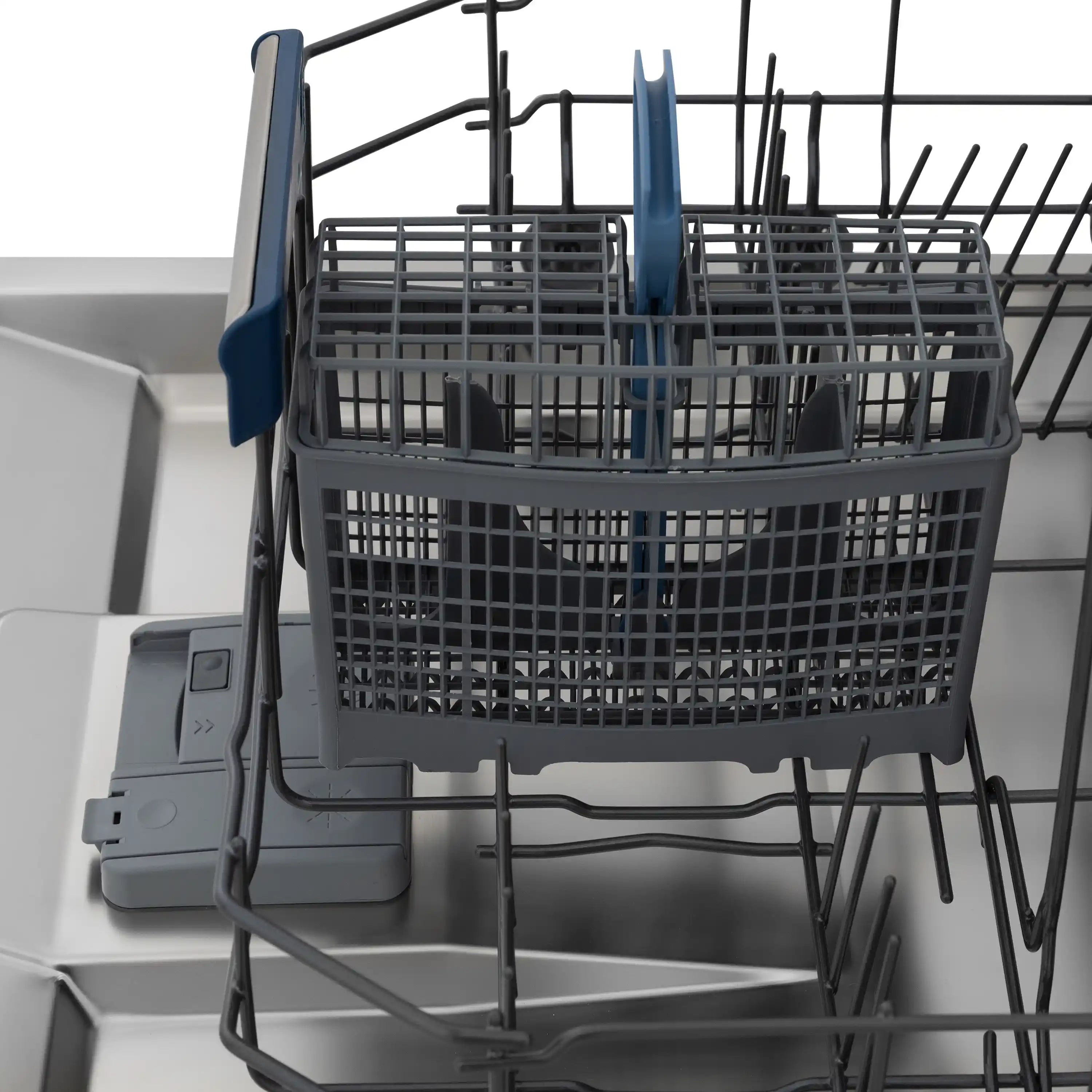 Dishwasher interior basket with blue tines and a left-side control tab