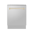 ZLINE 5-Piece Appliance Package - 36-Inch Paramount Dual Fuel Range, Wall Mount Range Hood, 36-Inch French Door Refrigerator, Dishwasher, and 30-Inch Microwave Drawer in Stainless Steel with Gold Accents