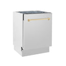 ZLINE 4-Piece Appliance Package - 48-Inch Legacy Autograph Dual Fuel Range, Wall Mount Range Hood, 36-Inch French Door Refrigerator with Water Dispenser, Dishwasher, in Stainless Steel with Gold Accents