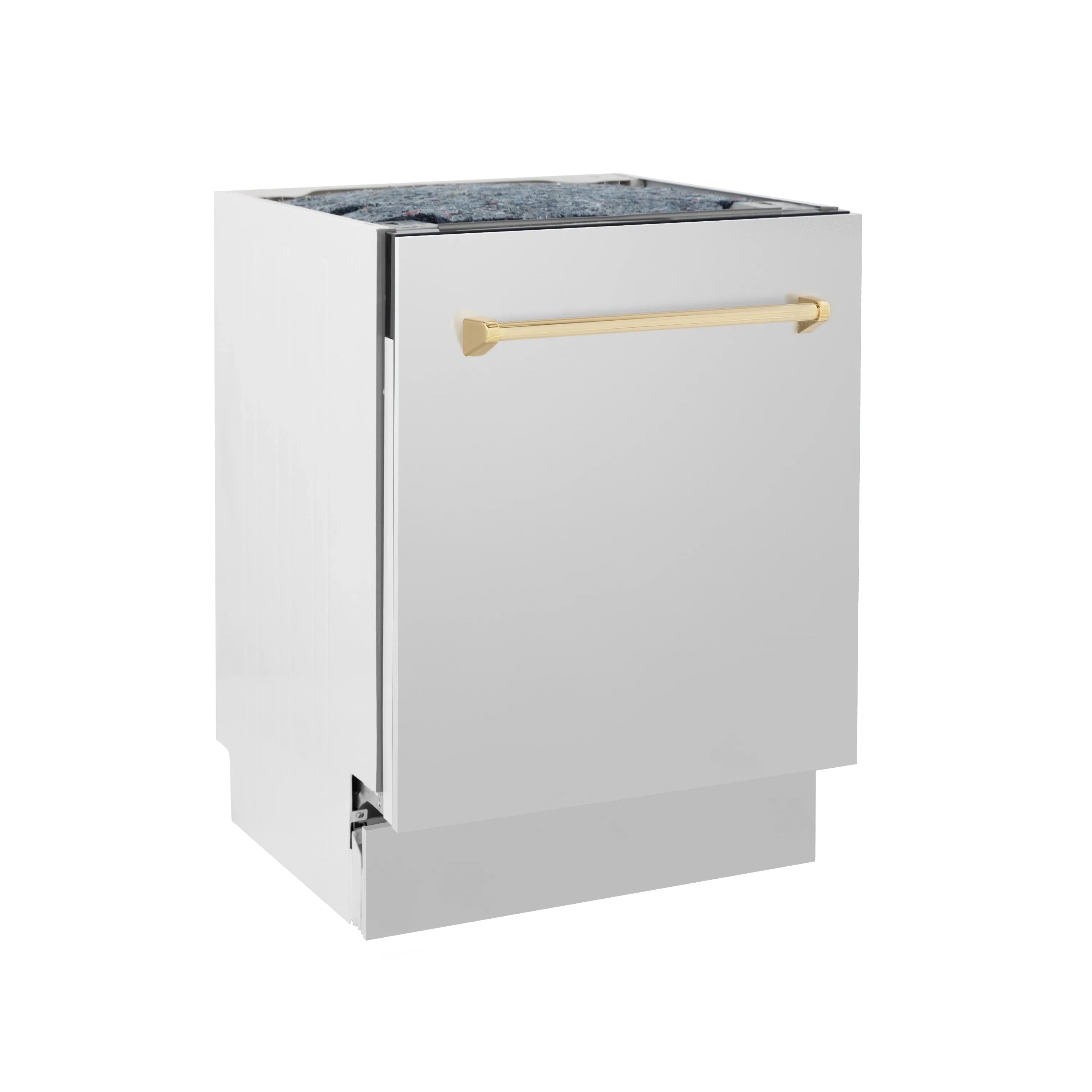 Built-in microwave drawer in white with gold pull handle, side view