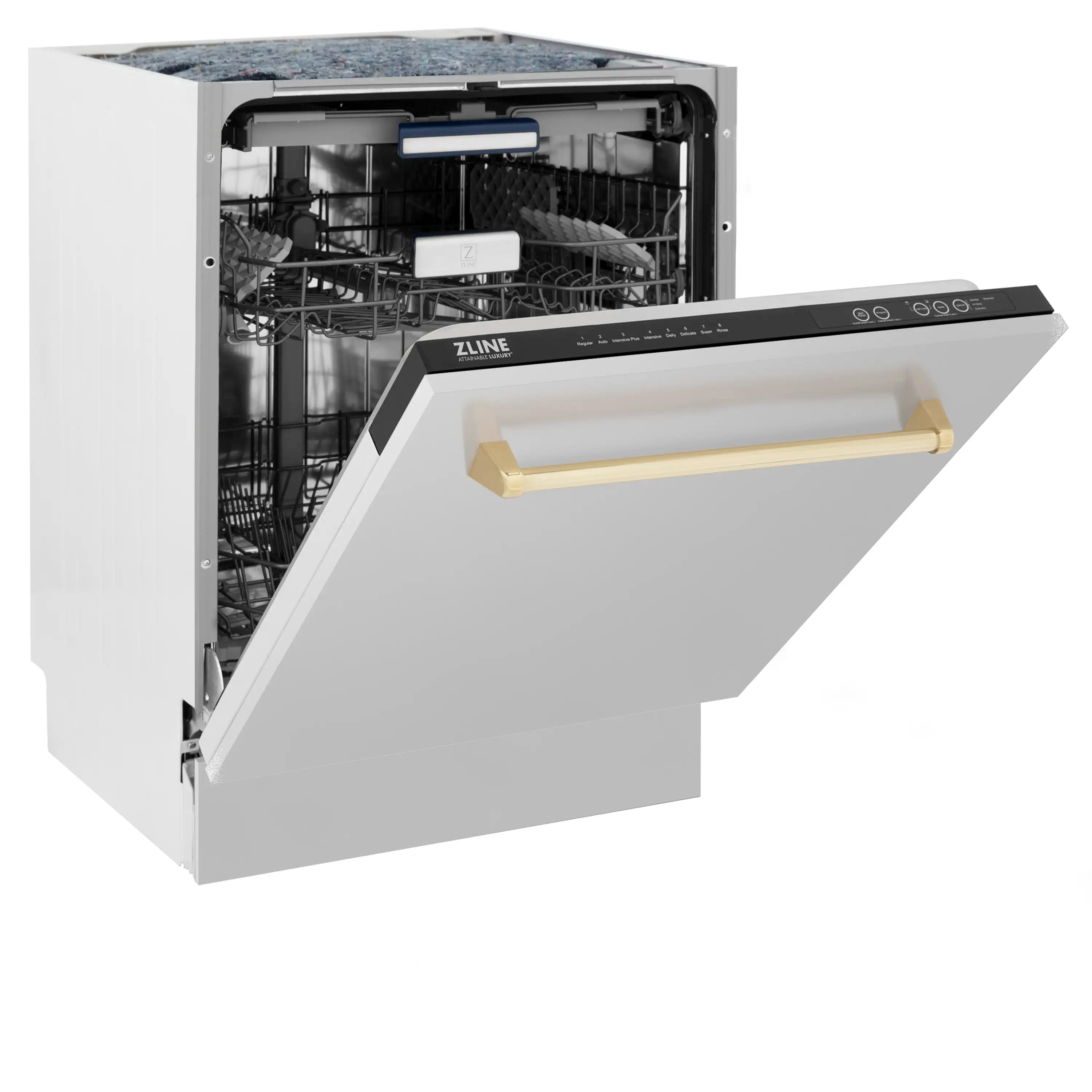Dishwasher door open at angle, showing interior racks and gold handle accents