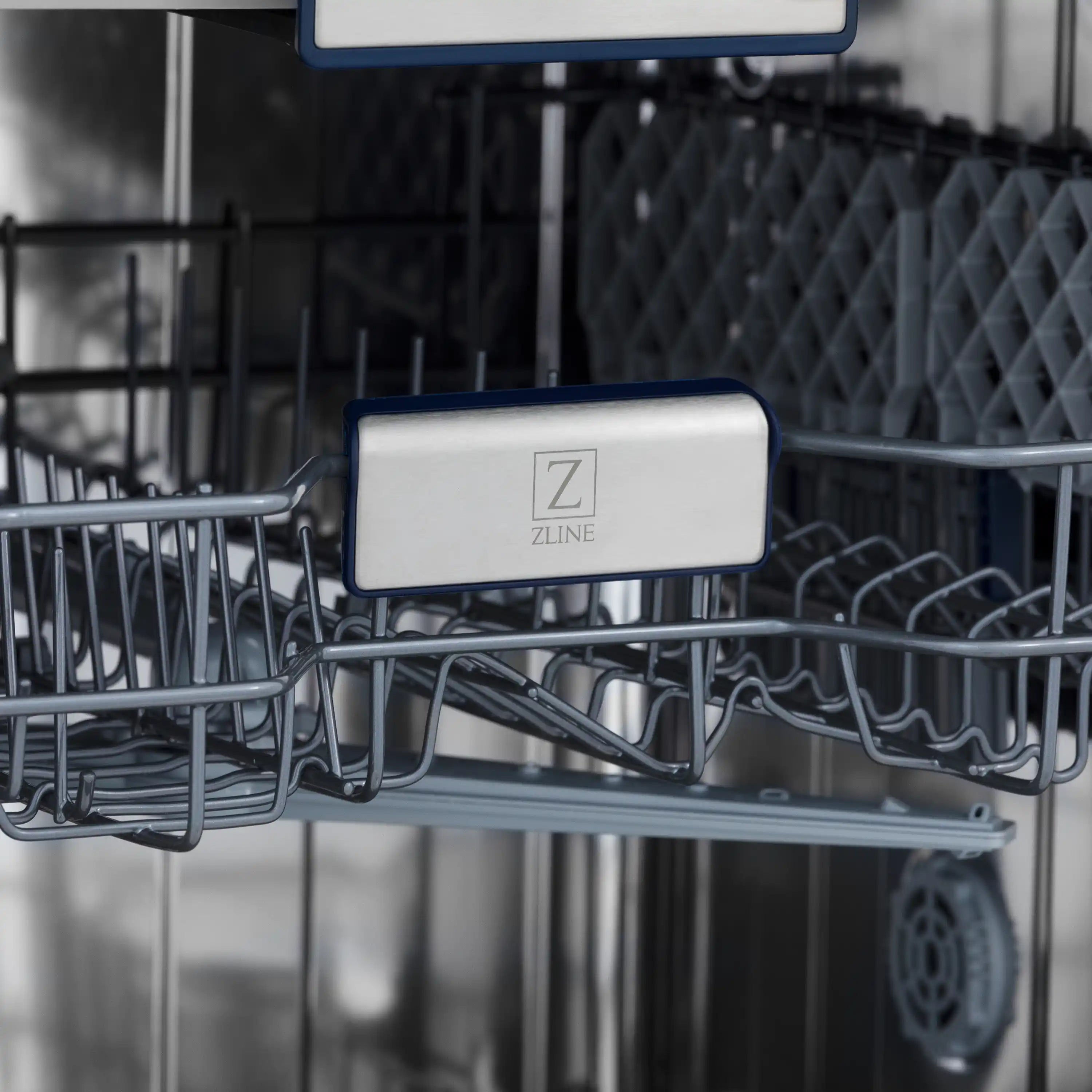 Dishwasher top rack with utensil basket and blue tine dividers