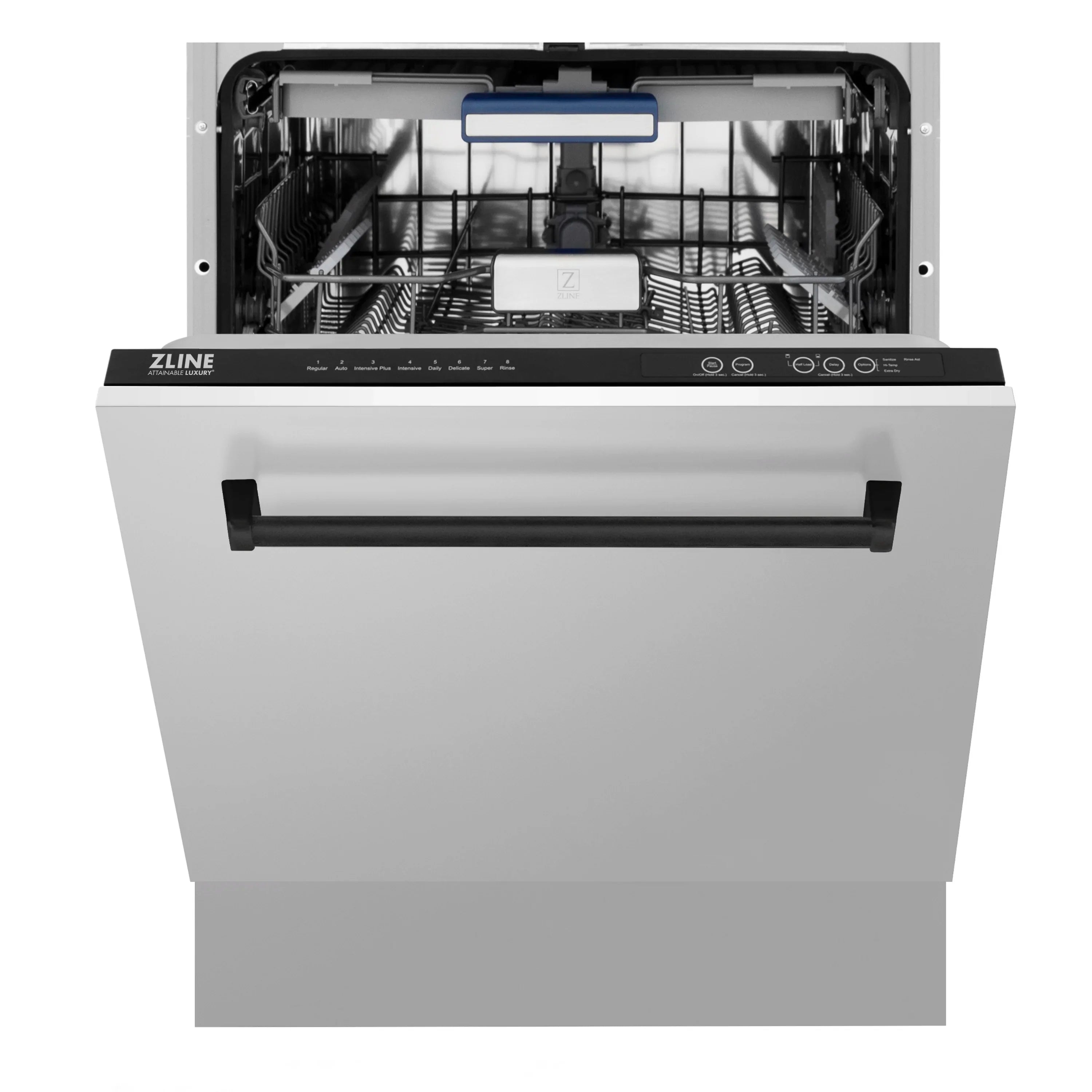Stainless dishwasher with open door, lower rack, and matte black front handle