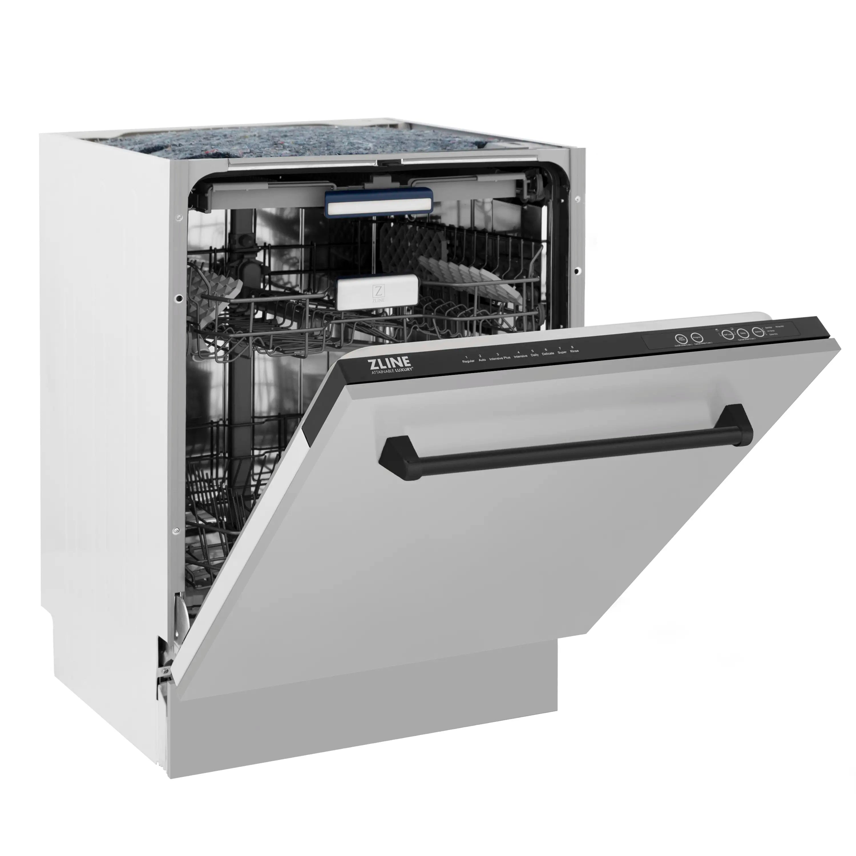 Dishwasher drawer with open door showing interior racks and sprayer