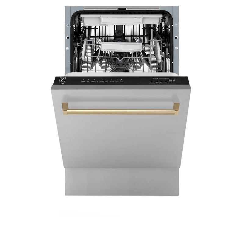 ZLINE Autograph Edition 18-Inch Compact 3rd Rack Top Control Dishwasher in Stainless Steel with Champagne Bronze Handle, 51dBa (DWVZ-304-18-CB)