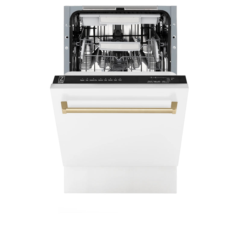 ZLINE Autograph Edition 18-Inch Compact 3rd Rack Top Control Dishwasher in White Matte with Champagne Bronze Handle, 51dBa (DWVZ-WM-18-CB)