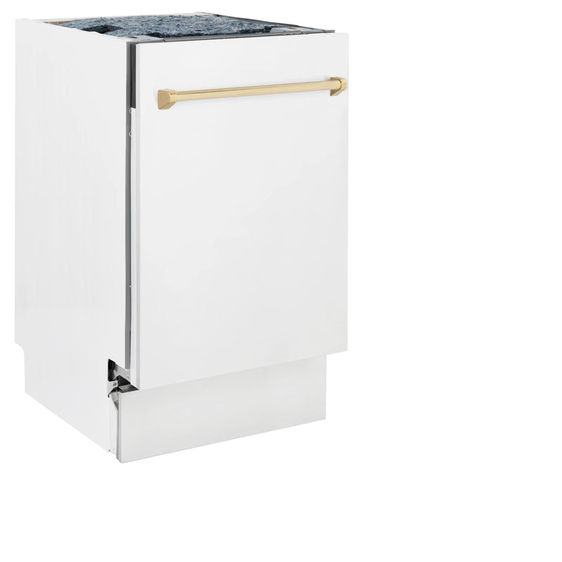 ZLINE Autograph Edition 18-Inch Compact 3rd Rack Top Control Dishwasher in White Matte with Gold Handle, 51dBa (DWVZ-WM-18-G)