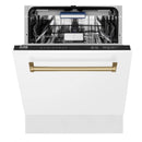ZLINE Autograph Edition 24-Inch 3rd Rack Top Control Tall Tub Dishwasher in White Matte with Champagne Bronze Handle, 51dBa (DWVZ-WM-24-CB)