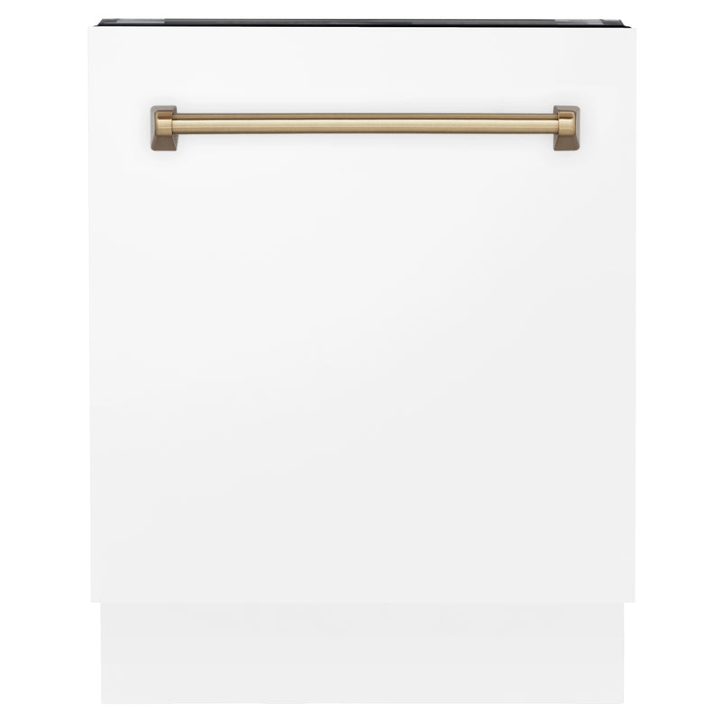 ZLINE Autograph Edition 24-Inch 3rd Rack Top Control Tall Tub Dishwasher in White Matte with Champagne Bronze Handle, 51dBa (DWVZ-WM-24-CB)