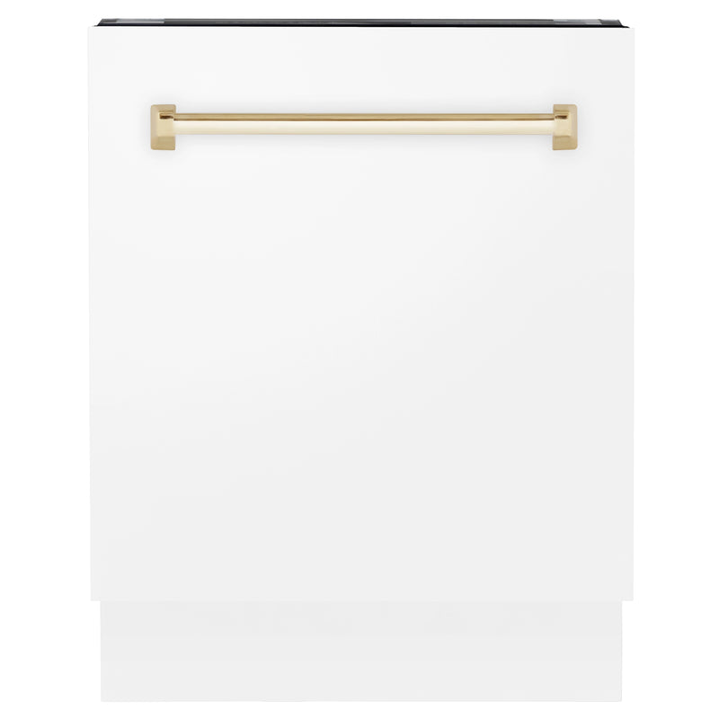 ZLINE Autograph Edition 24-Inch 3rd Rack Top Control Tall Tub Dishwasher in White Matte with Gold Handle, 51dBa (DWVZ-WM-24-G)