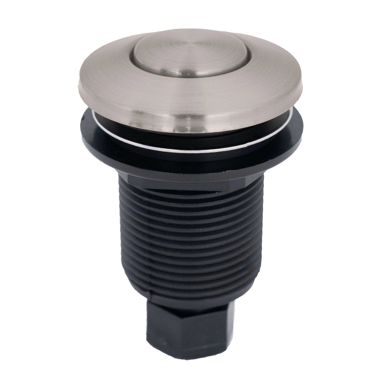 Brushed nickel garbage disposal air switch button with round push top and threaded base
