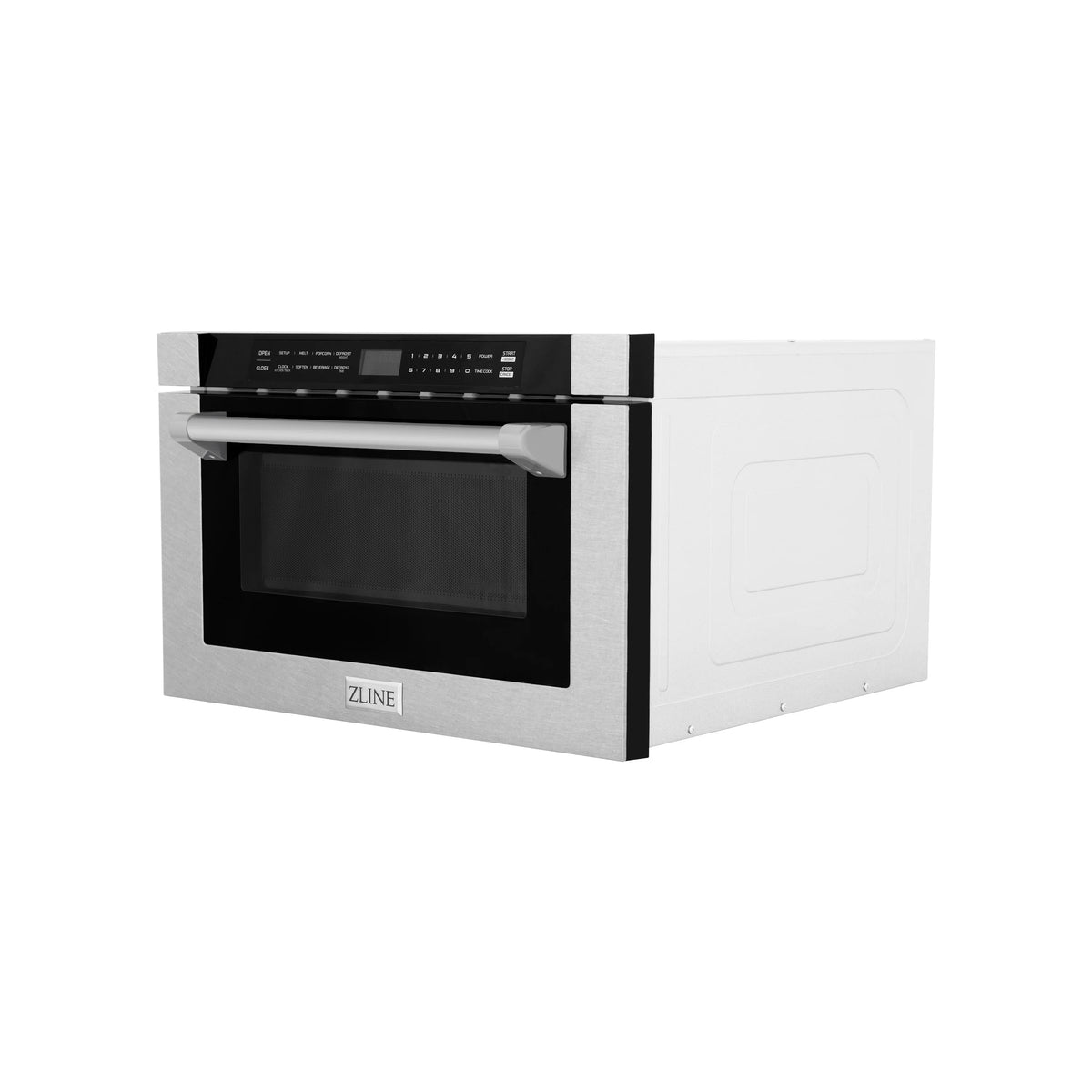 Satin stainless microwave drawer with dark glass front and traditional handle