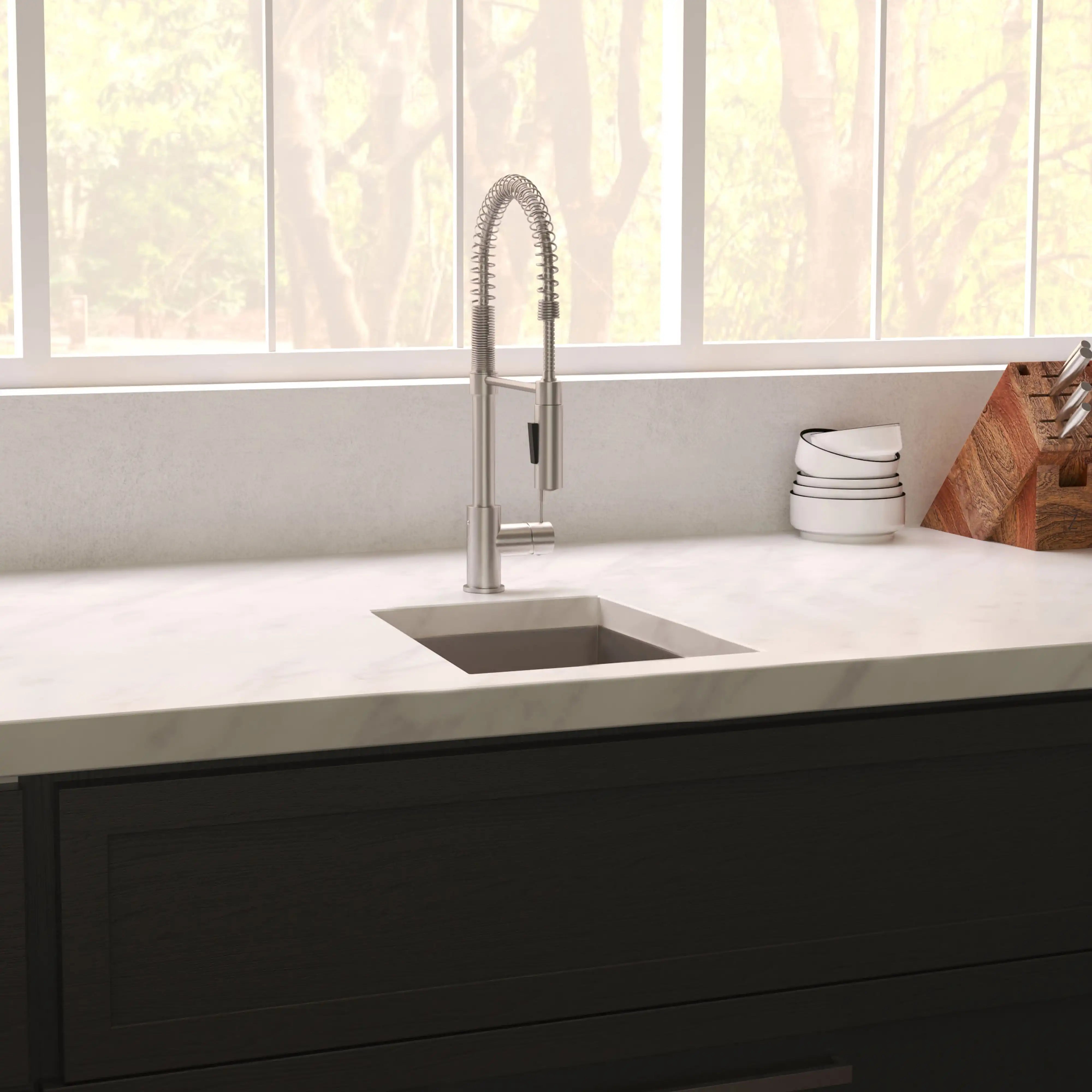 Stainless steel undermount single-bowl kitchen sink with tall faucet