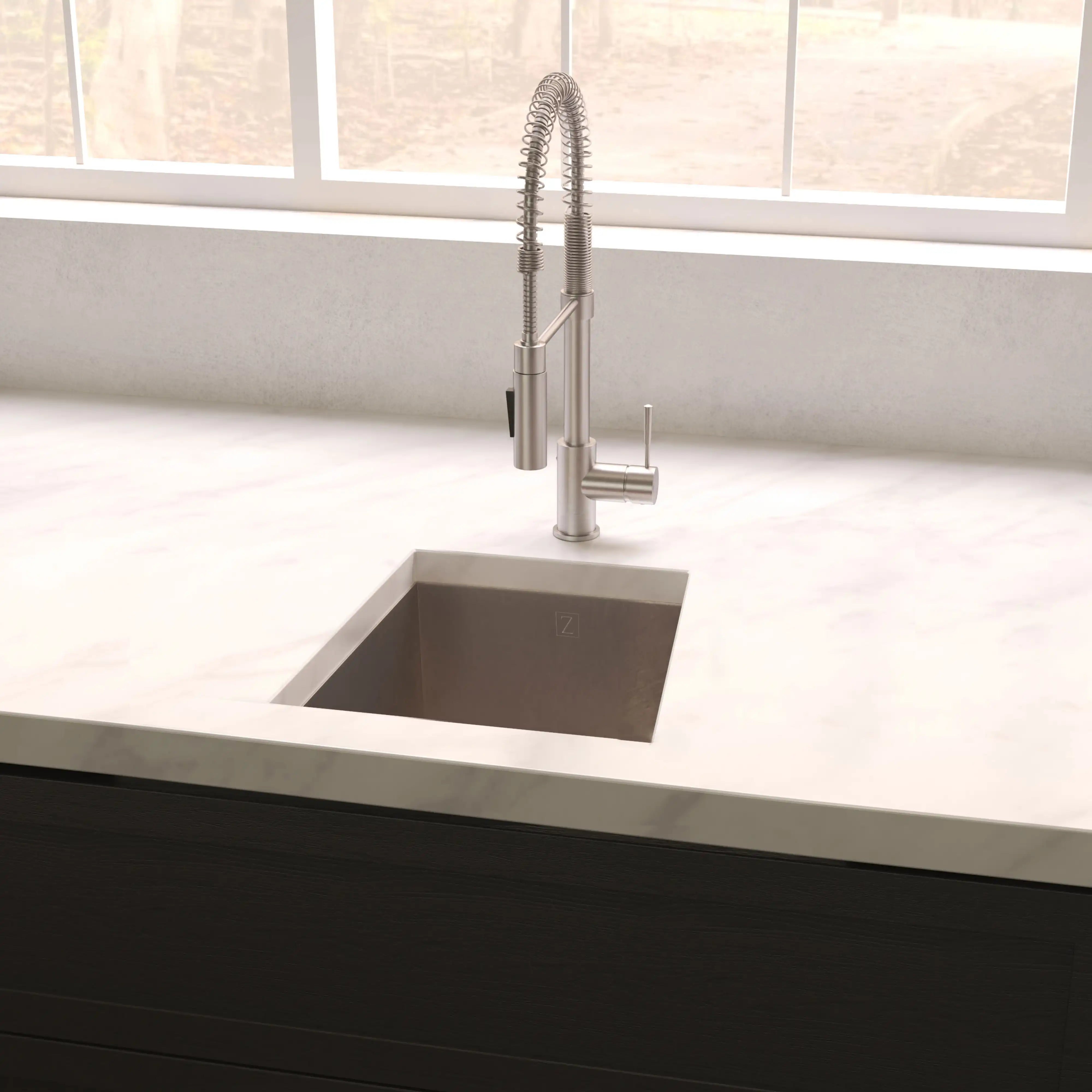 Stainless steel undermount single-bowl kitchen sink with tall pull-down faucet
