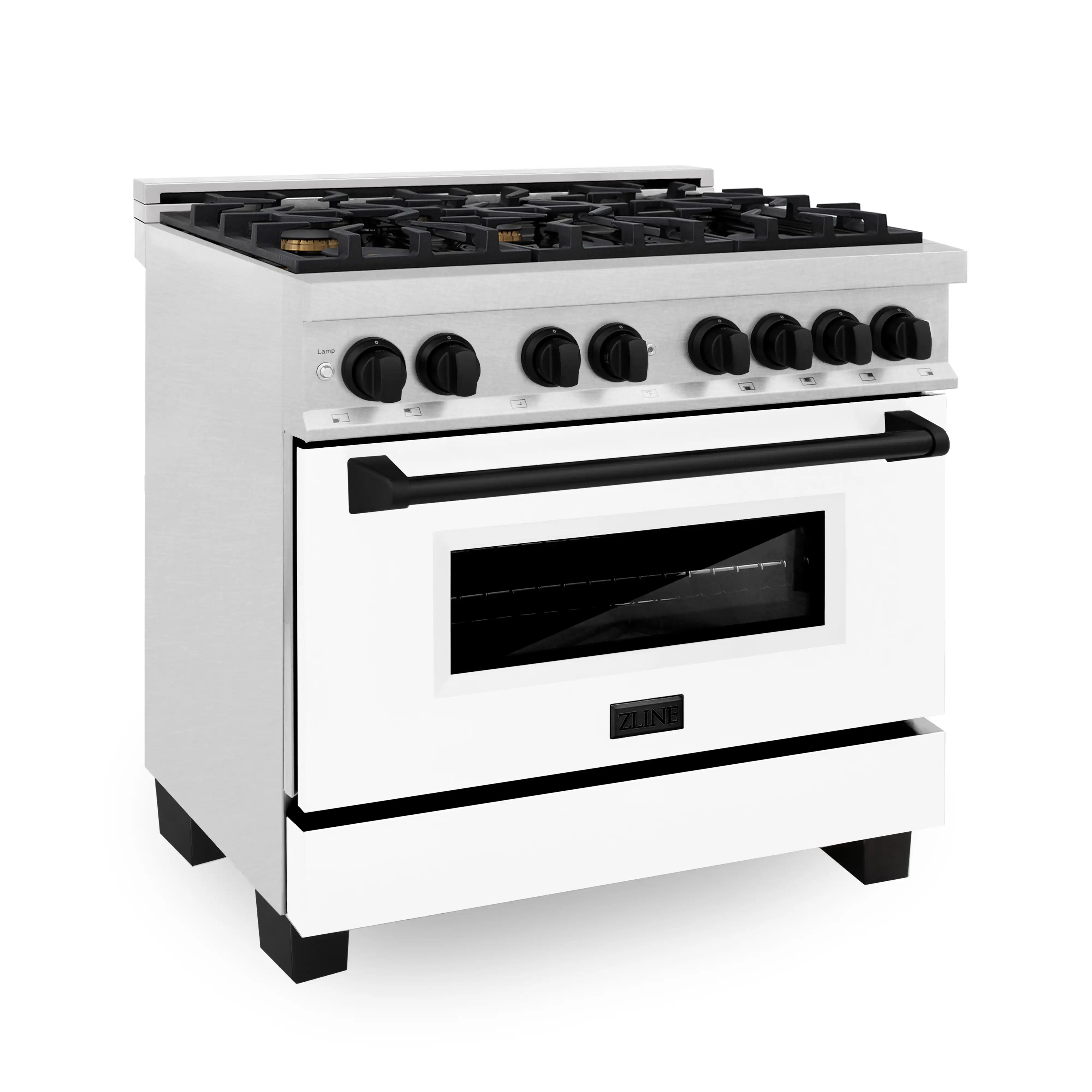 White dual fuel range with satin stainless trim, black knobs, and see-through oven door