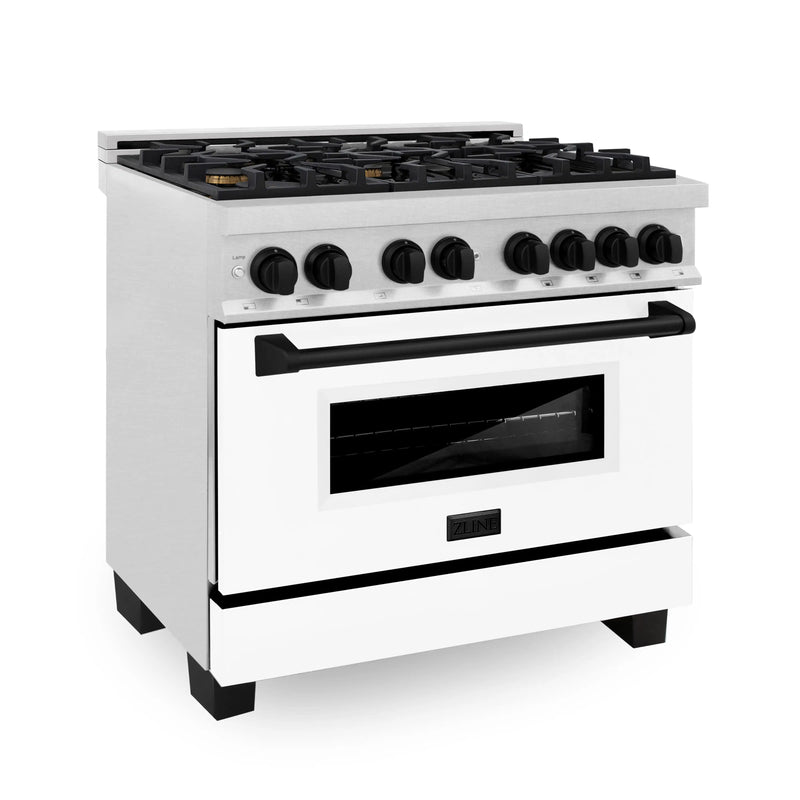 ZLINE Autograph Edition 36-Inch 4.6 cu. ft. Dual Fuel Range with Gas Stove and Electric Oven in DuraSnow® Stainless Steel with White Matte Door and Matte Black Accents (RASZ-WM-36-MB)