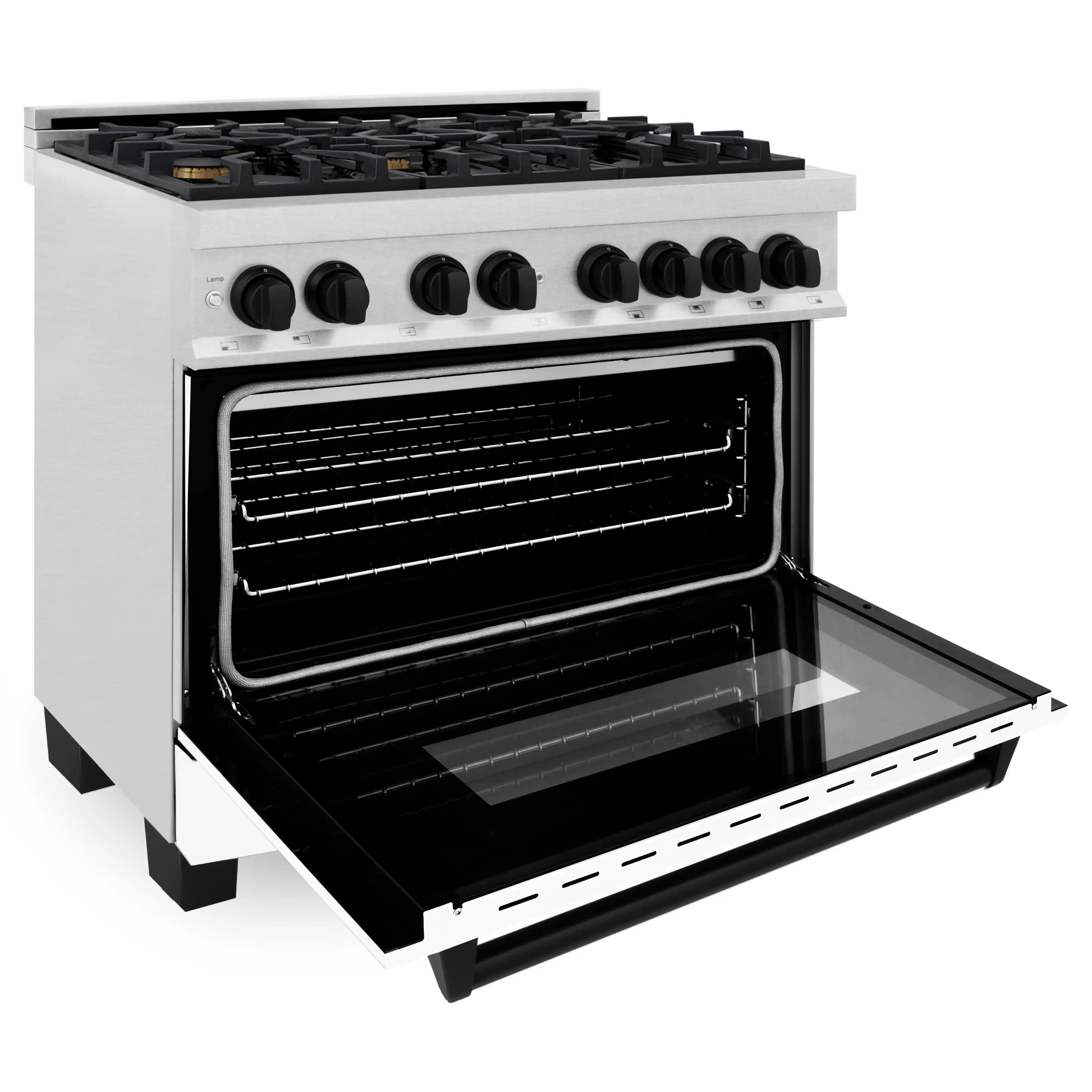 Dual fuel range with open oven door showing black interior racks and black top burners